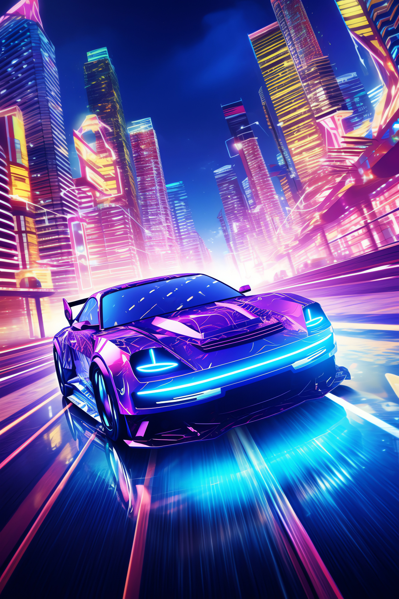 Futuristic neon vehicle, urban skyline, aerial perspective, city lights, contemporary auto, HD Phone Wallpaper