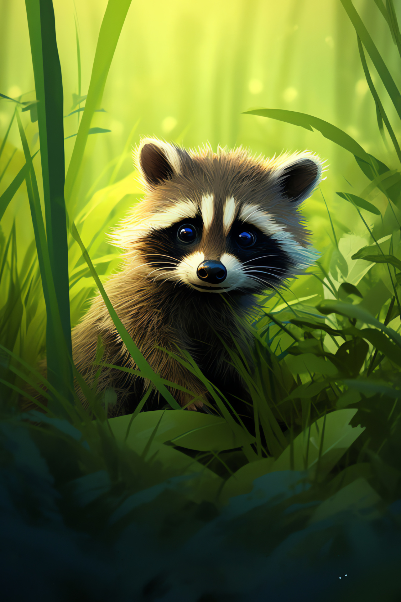 Young Raccoon, Striped bushy tail, Pastoral scene, Verdant grass, Wildlife innocence, HD Phone Image