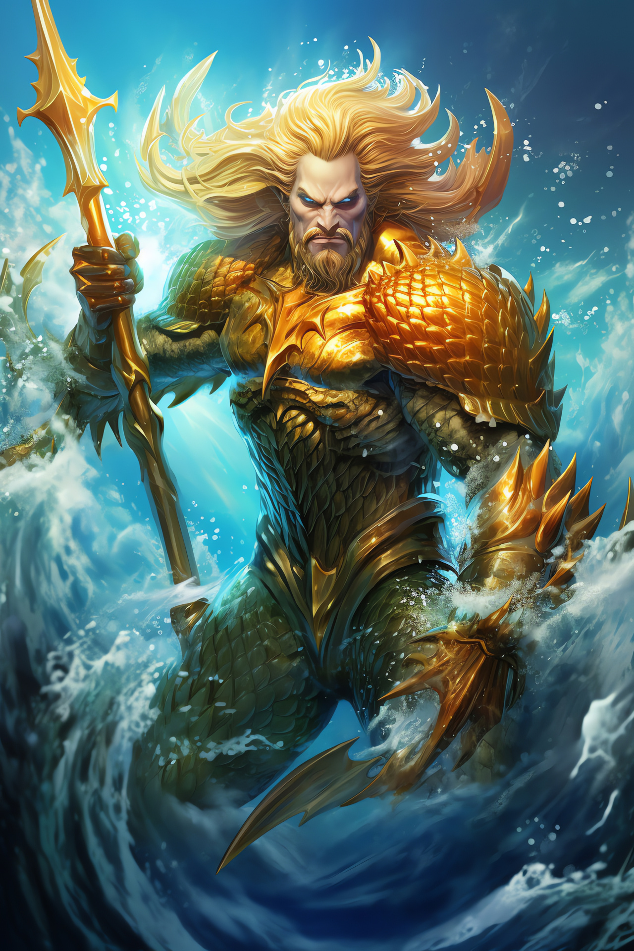 Comic hero Aquaman, grasping mighty trident, mythical sea adversary, tempestuous water clash, HD Phone Image