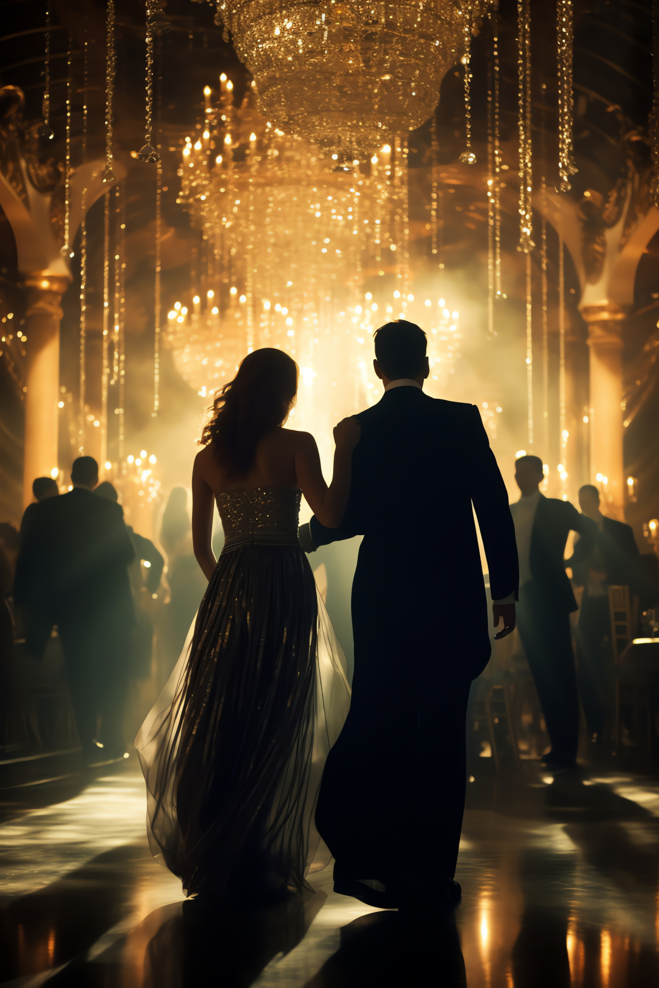 Gala New Year soire, Elegant attendees, Opulent ballroom, Harmonious live melodies, Romantic dance ambiance, HD Phone Wallpaper