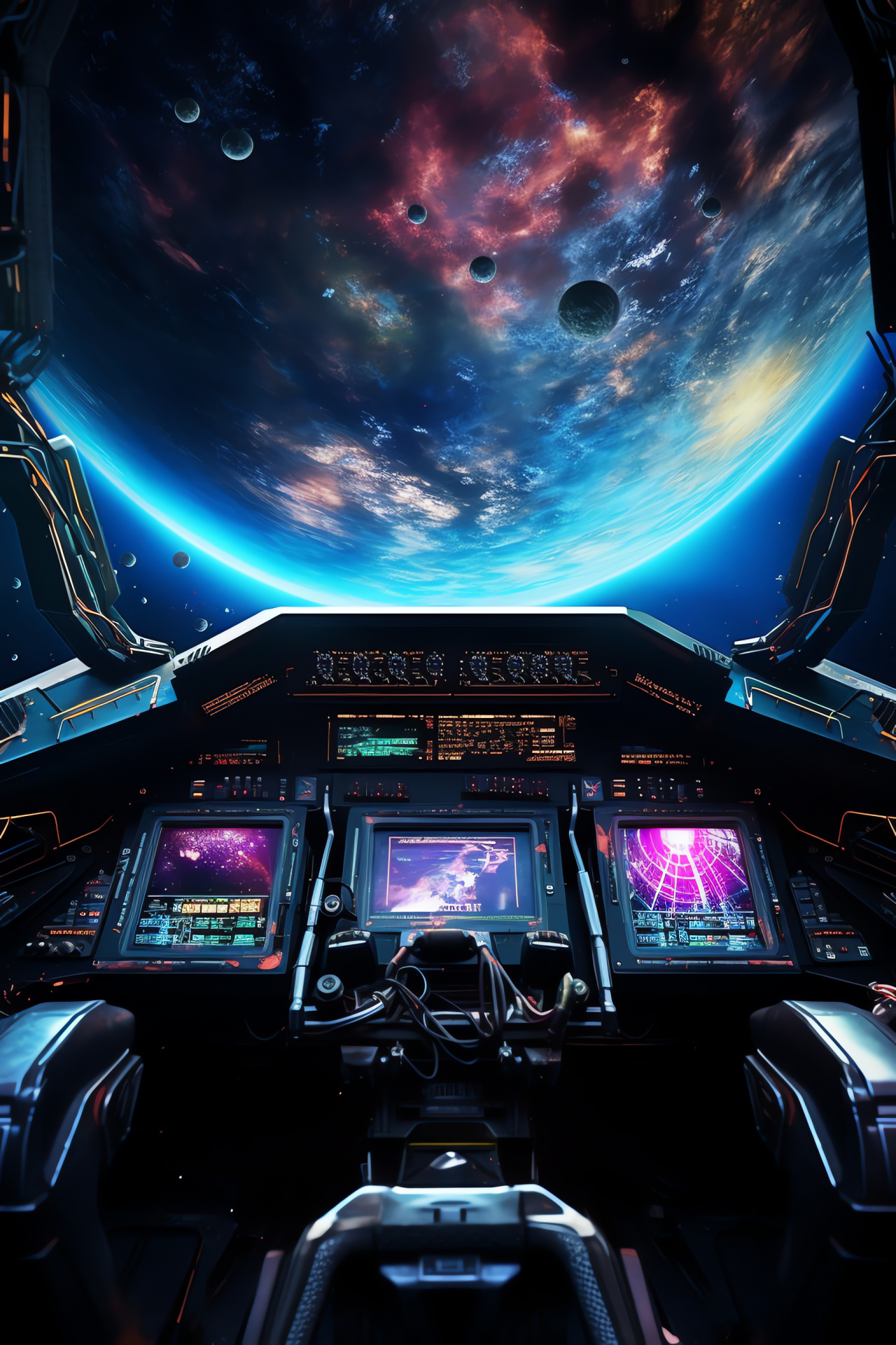 Streamlined spaceship cockpit, Multicolored control room, Astronomical observation, Celestial ambiance, Space odyssey, HD Phone Wallpaper