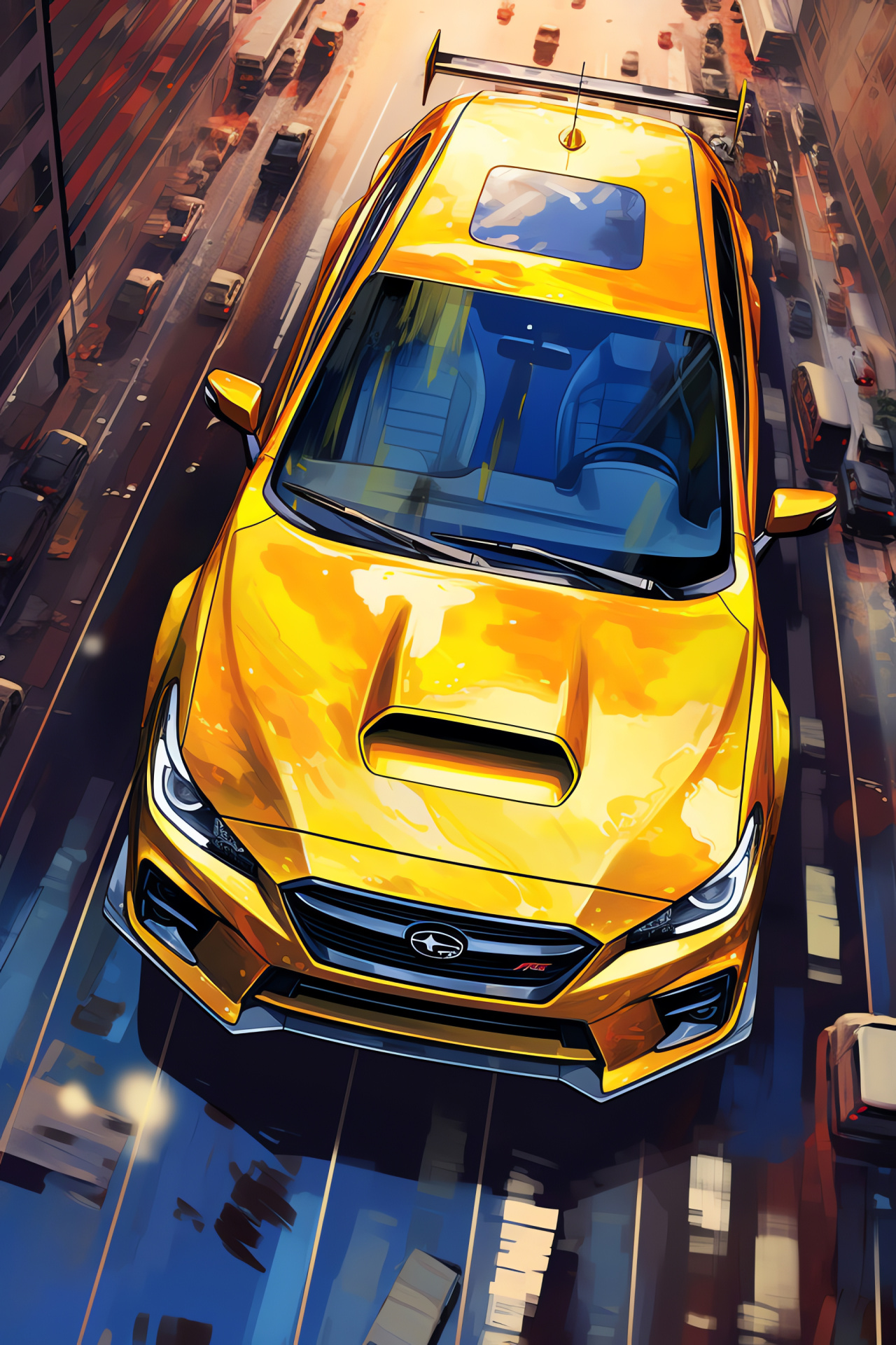 Subaru Impreza WRX STI, cityscape aerial, vibrant yellow shade, reflective surface, HD Phone Image