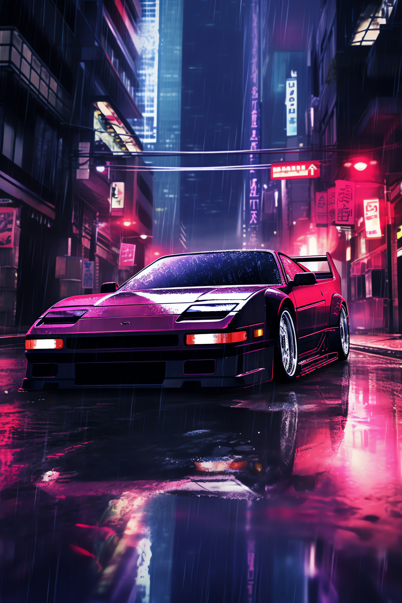 300ZX in cyberpunk setting, Wet urban roads, Illuminated metropolis, Future city immersion, Ads holograms, HD Phone Image