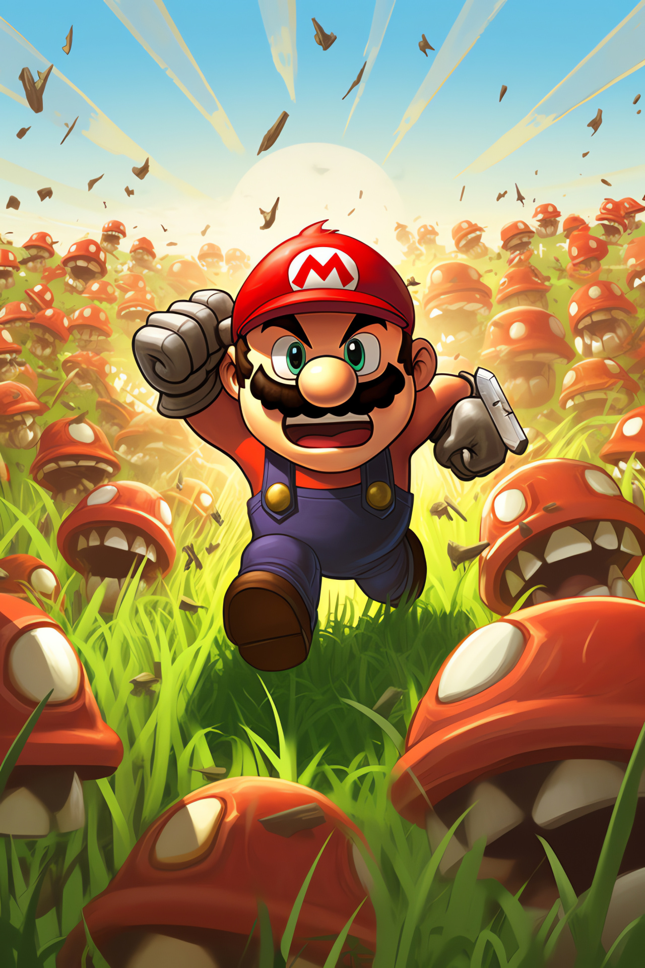 Goomba enemy, Iconic Mario adversary, Arcade challenge, Gaming hammer, Lush field, HD Phone Image