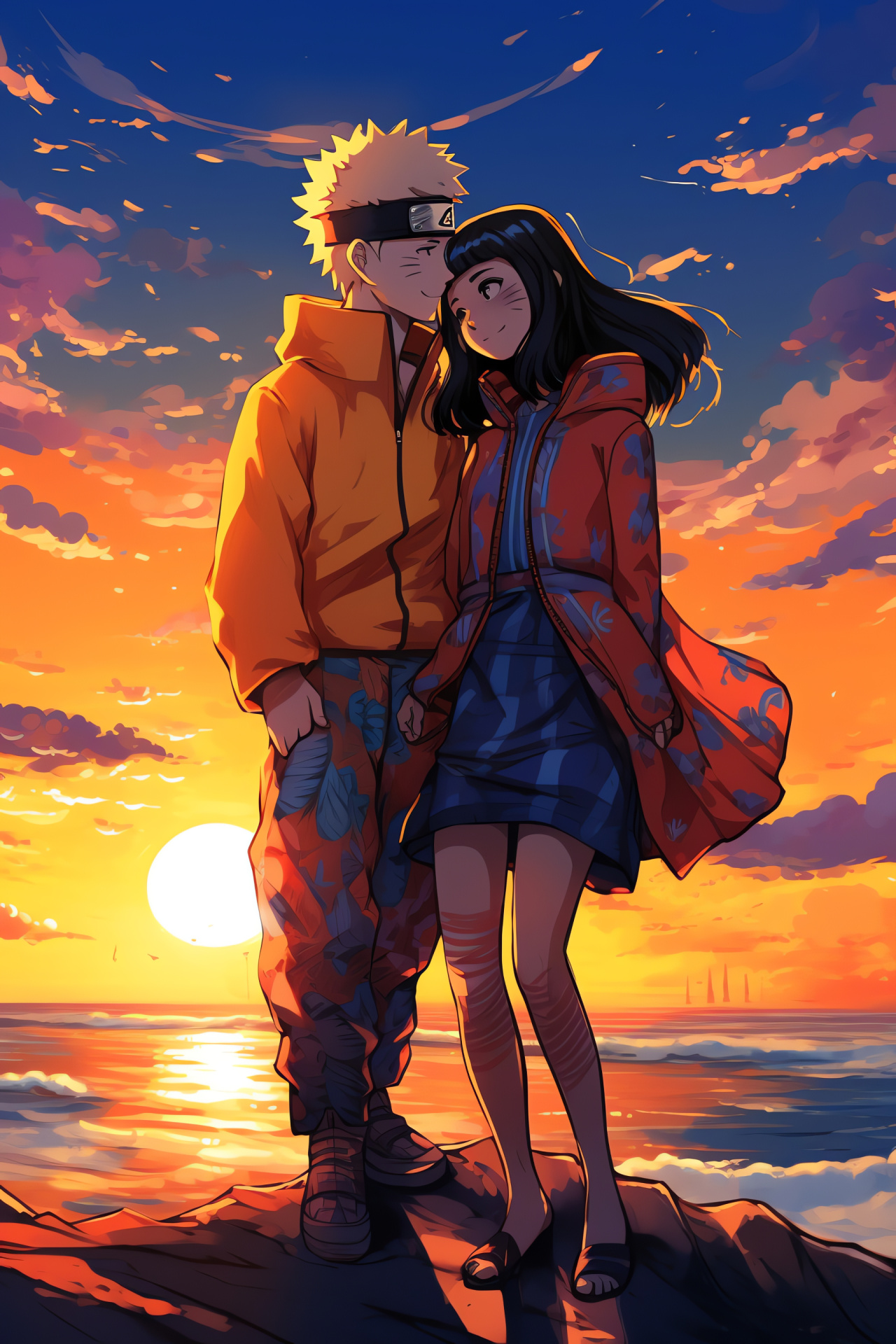 Naruto Hinata romance, Sunset scene, Hidden Leaf love, Warmth embrace, Anime companionship, HD Phone Image