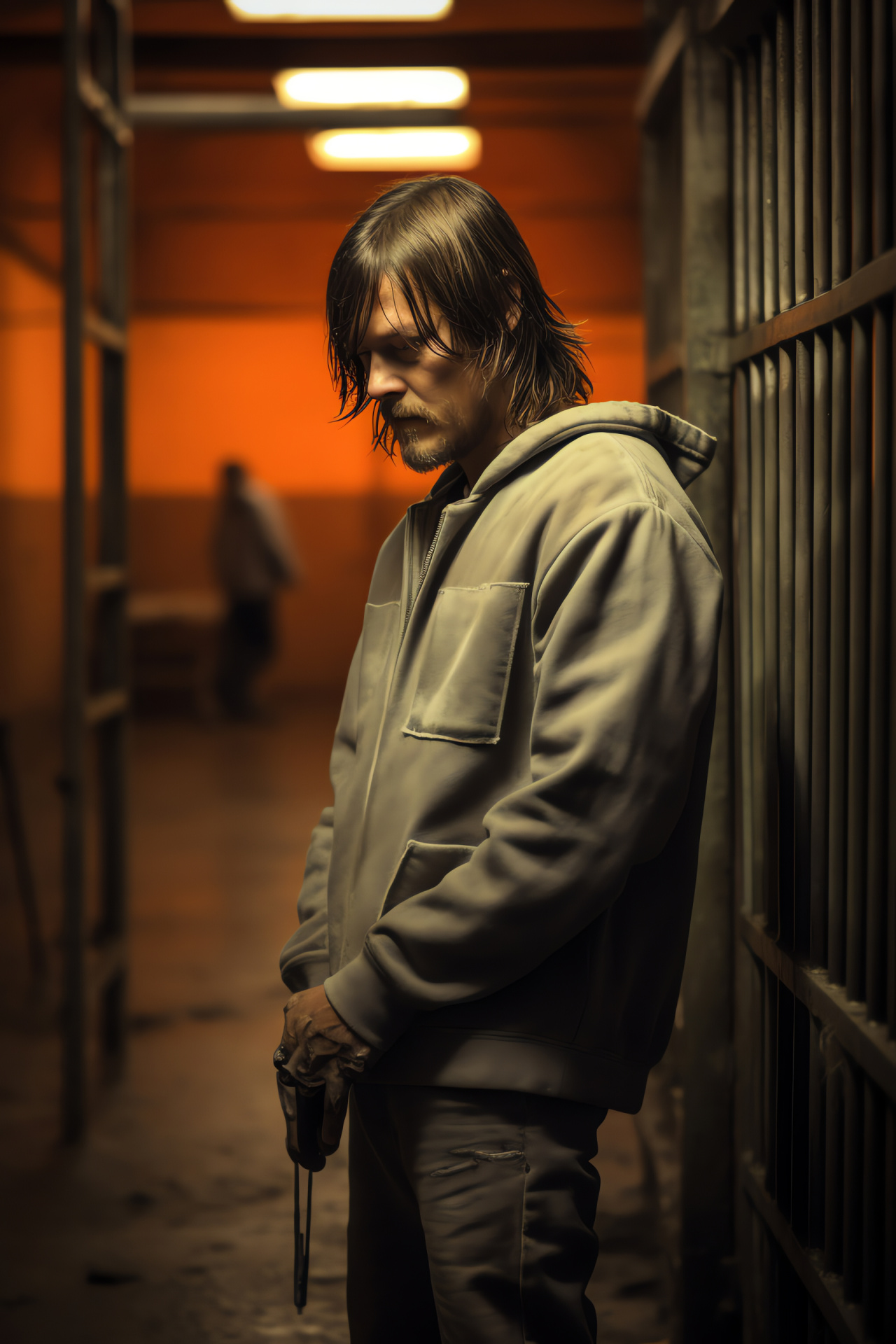 Actor Norman Reedus, Sci-fi film setting, One-man stand, High-tech incarceration, Monolithic structures, HD Phone Wallpaper