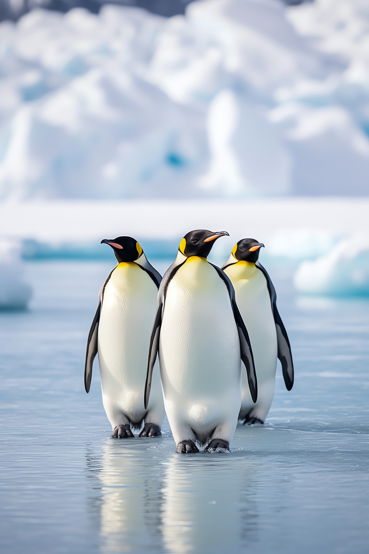 Emperor penguin colony, Antarctic wildlife, monochrome plumage, yellow neck detail, icy habitat, HD Phone Wallpaper