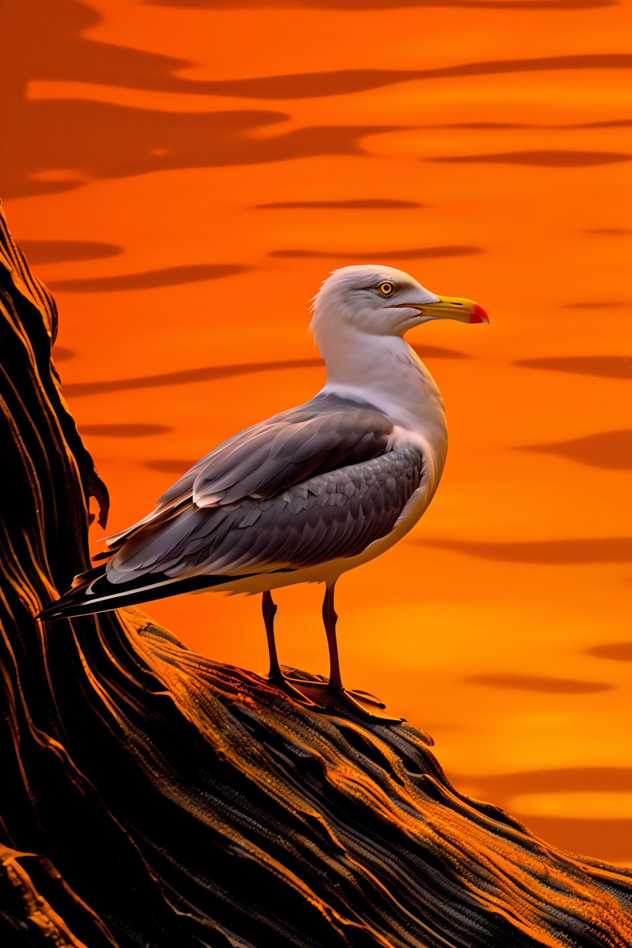 Seagull, Beach rock perch, Marine environment, Yellow orange glow, Avian silhouette, HD Phone Wallpaper