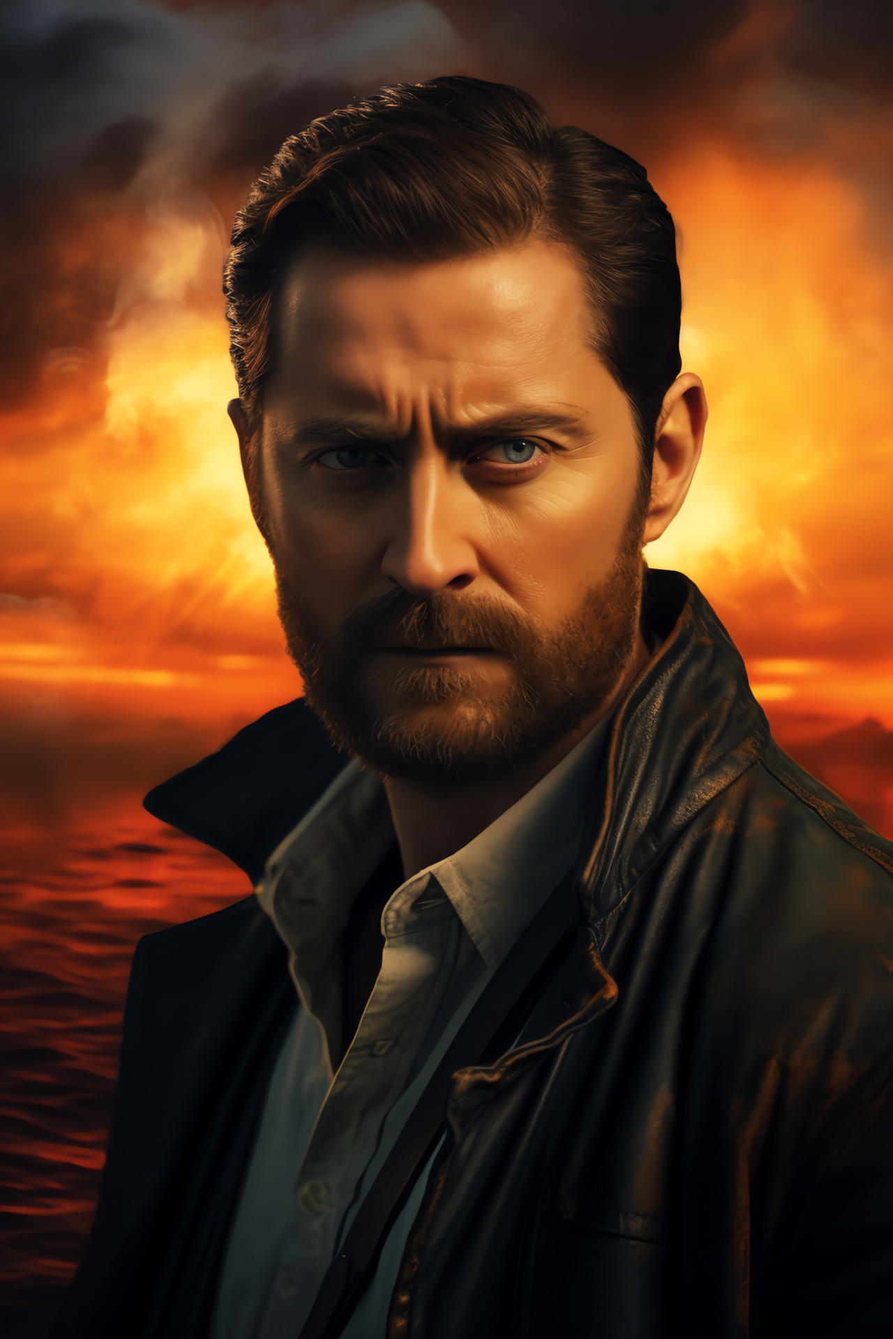 Richard Armitage, Cinematic universe, Actor's intense expression, VR fantasy landscape, Imaginative settings, HD Phone Image