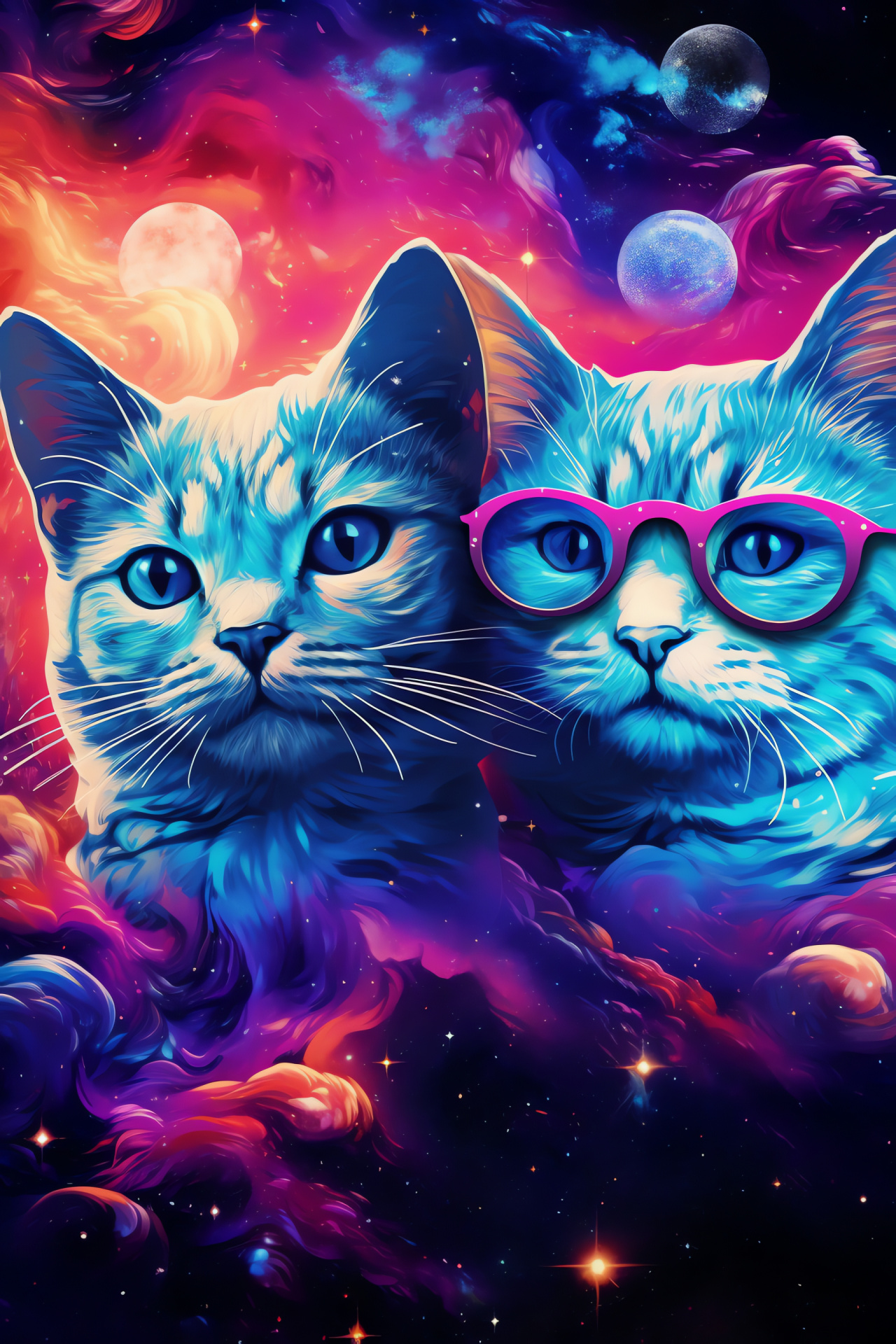 Celebratory cats, Lively Valentine, Electric azure backdrop, Cosmic swirls, Feline fashion, HD Phone Wallpaper