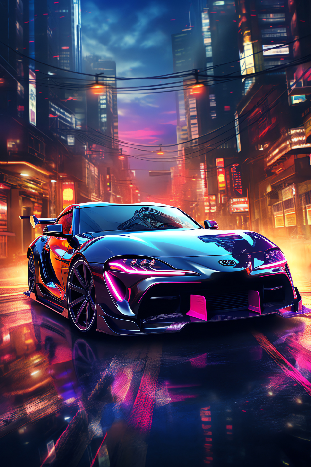 Toyota Supra MK3 Turbo, Cyberpunk aesthetic, Futuristic city vibe, Urban skyline, Neon illumination, HD Phone Wallpaper