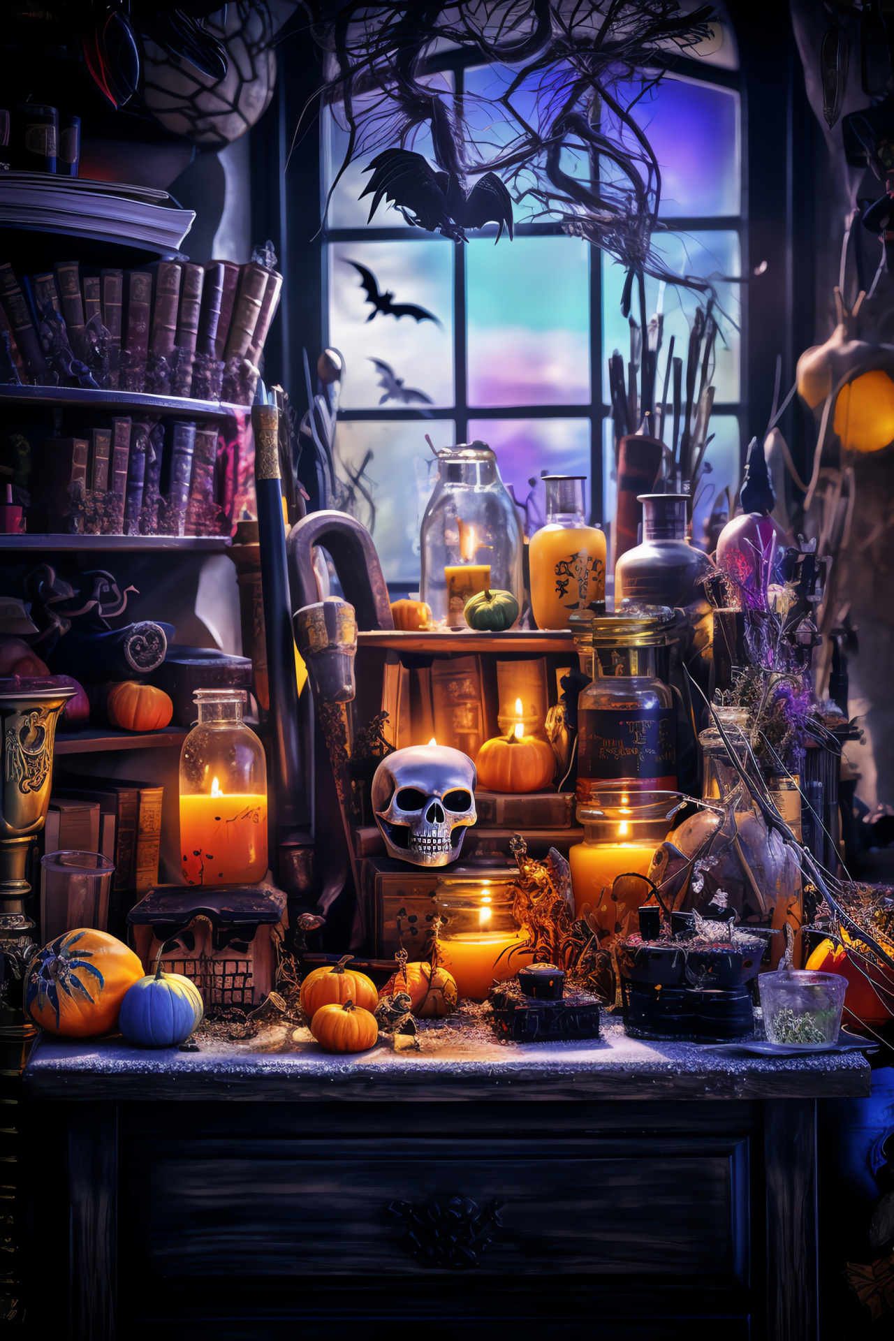 Magical Halloween, bewitched workshop, alchemist's potions, ancient spell tomes, witchcraft ambiance, HD Phone Image