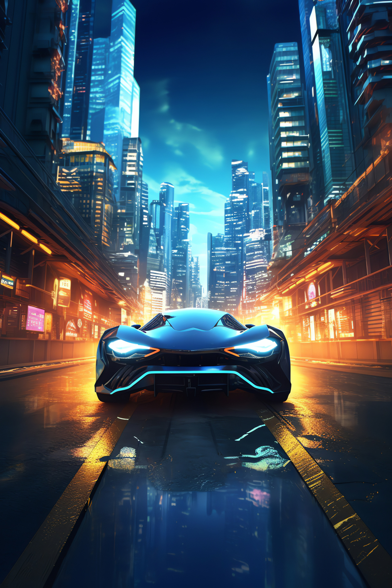 Futuristic Neon Car, Urban skyline brilliance, Cyber city panorama, Architectural wonder, Neon glow ambiance, HD Phone Image