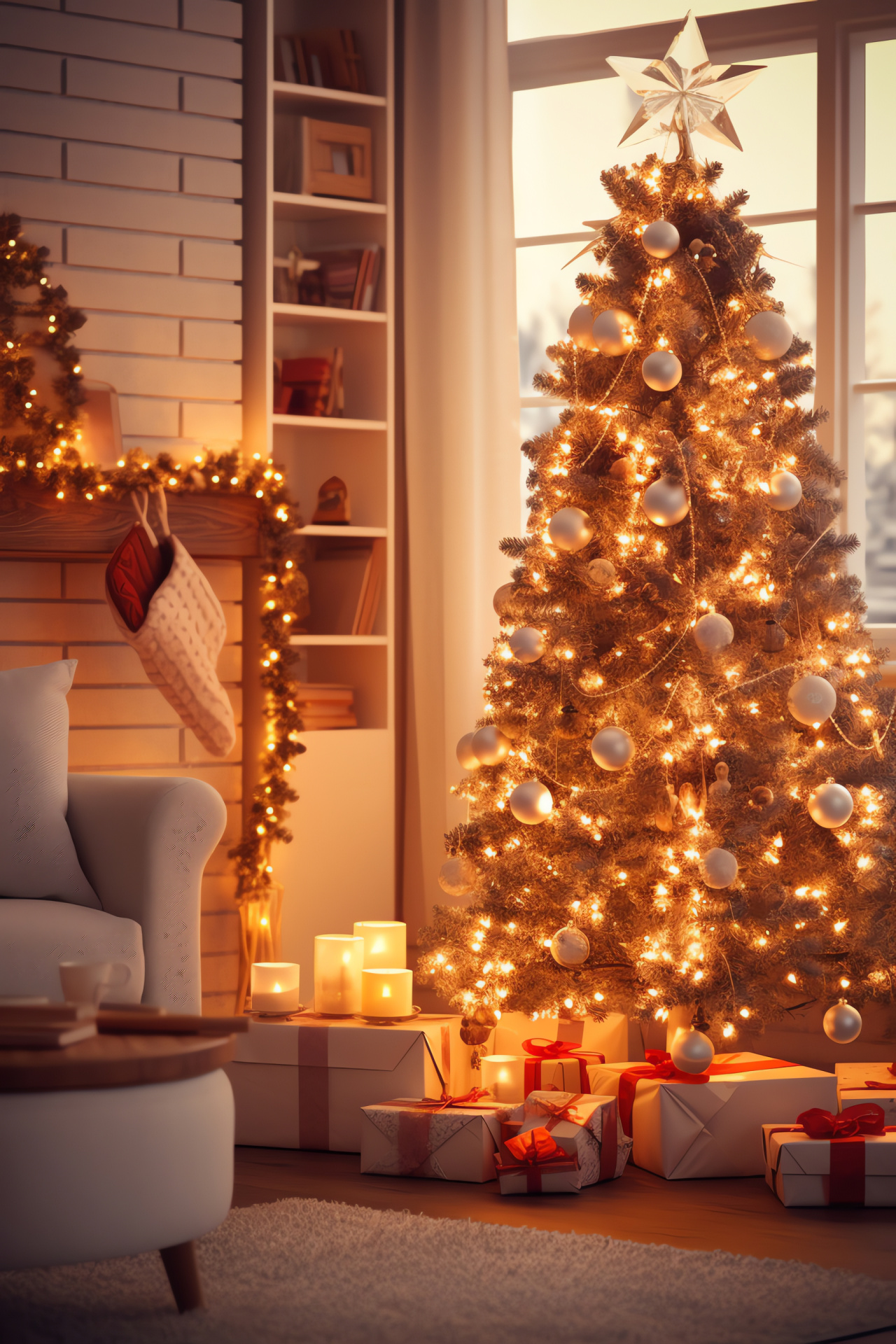 Festive cozy living area, holiday white illumination, adorned walls, warm inviting atmosphere, traditional Christmas fir, HD Phone Wallpaper