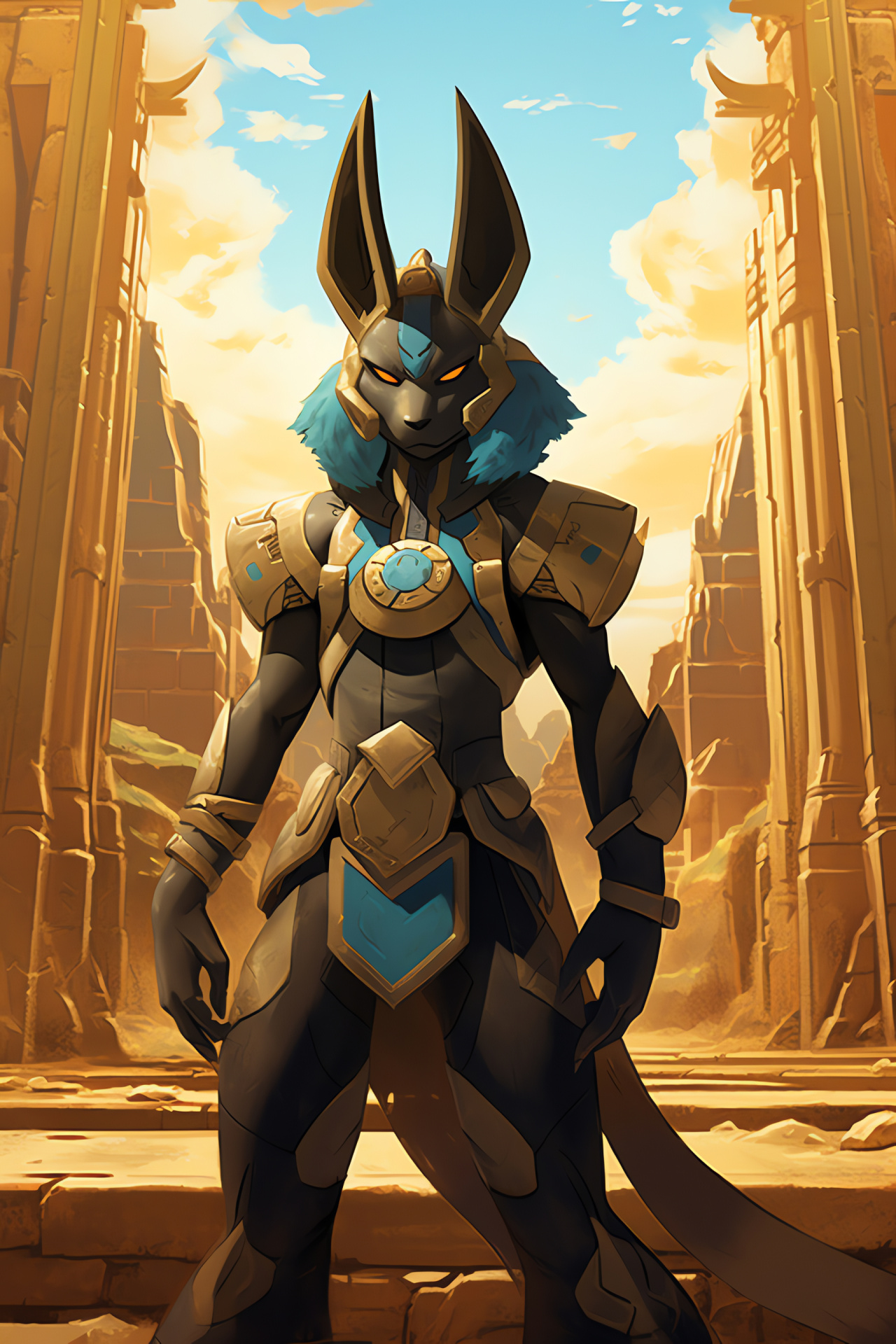 Lucario in Anistar, Psychic Sundial, Ruins backdrop, Pokemon exploration, Golden sun architecture, HD Phone Image