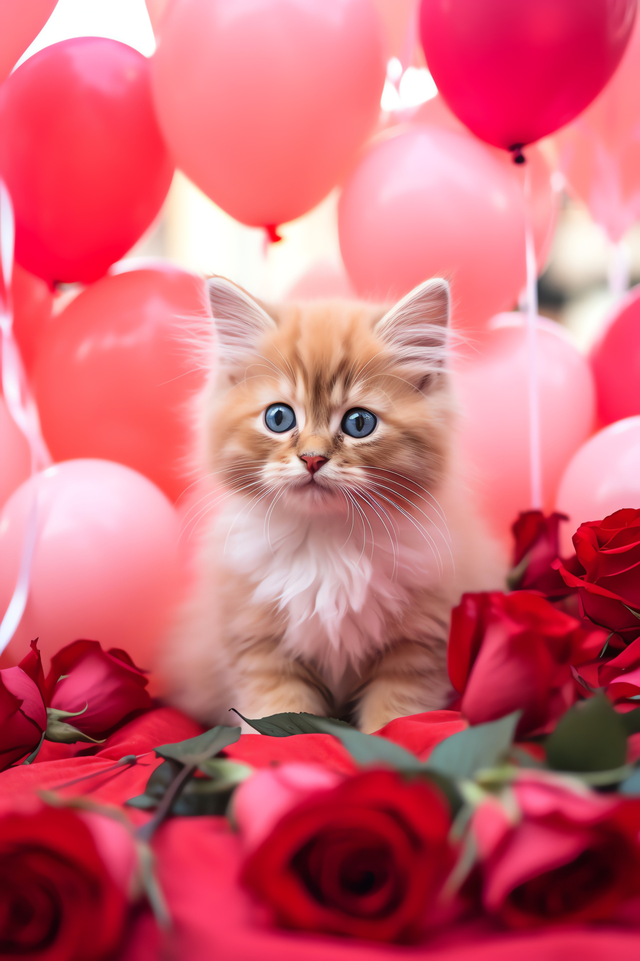 Adorable kitten, fluffy coat, heart feature, crimson flora, vivid optics, HD Phone Wallpaper