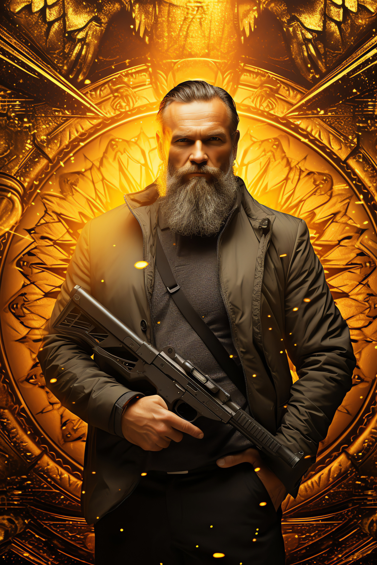 Gaming villain Makarov, Hazel-eyed nemesis, Mocking grin, Luxurious firearm, Patterned background, HD Phone Image