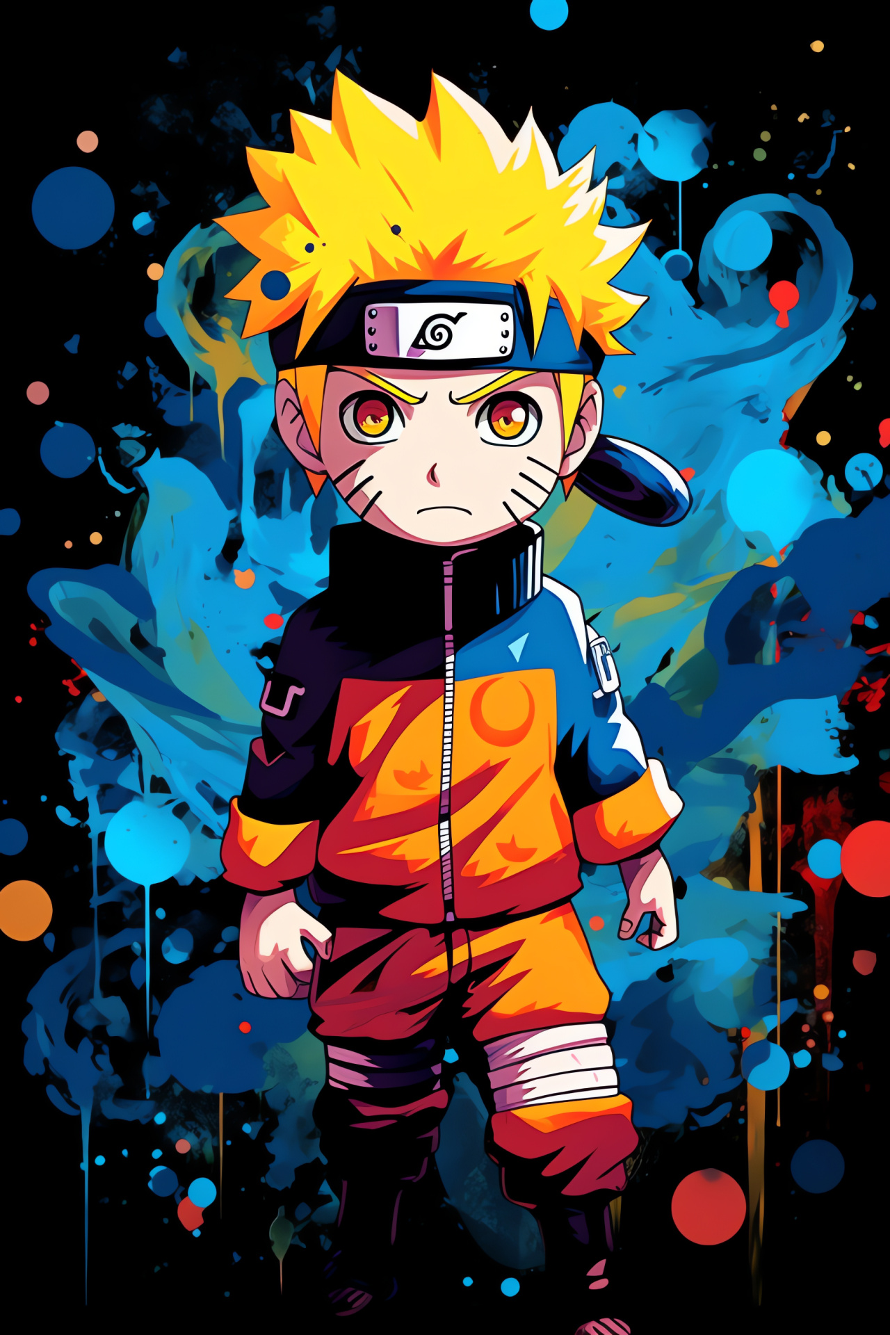 Naruto Uzumaki, Chibi shinobi, Vivid blue orbs, Stealthy dagger, Graphic trichromatic scene, HD Phone Image