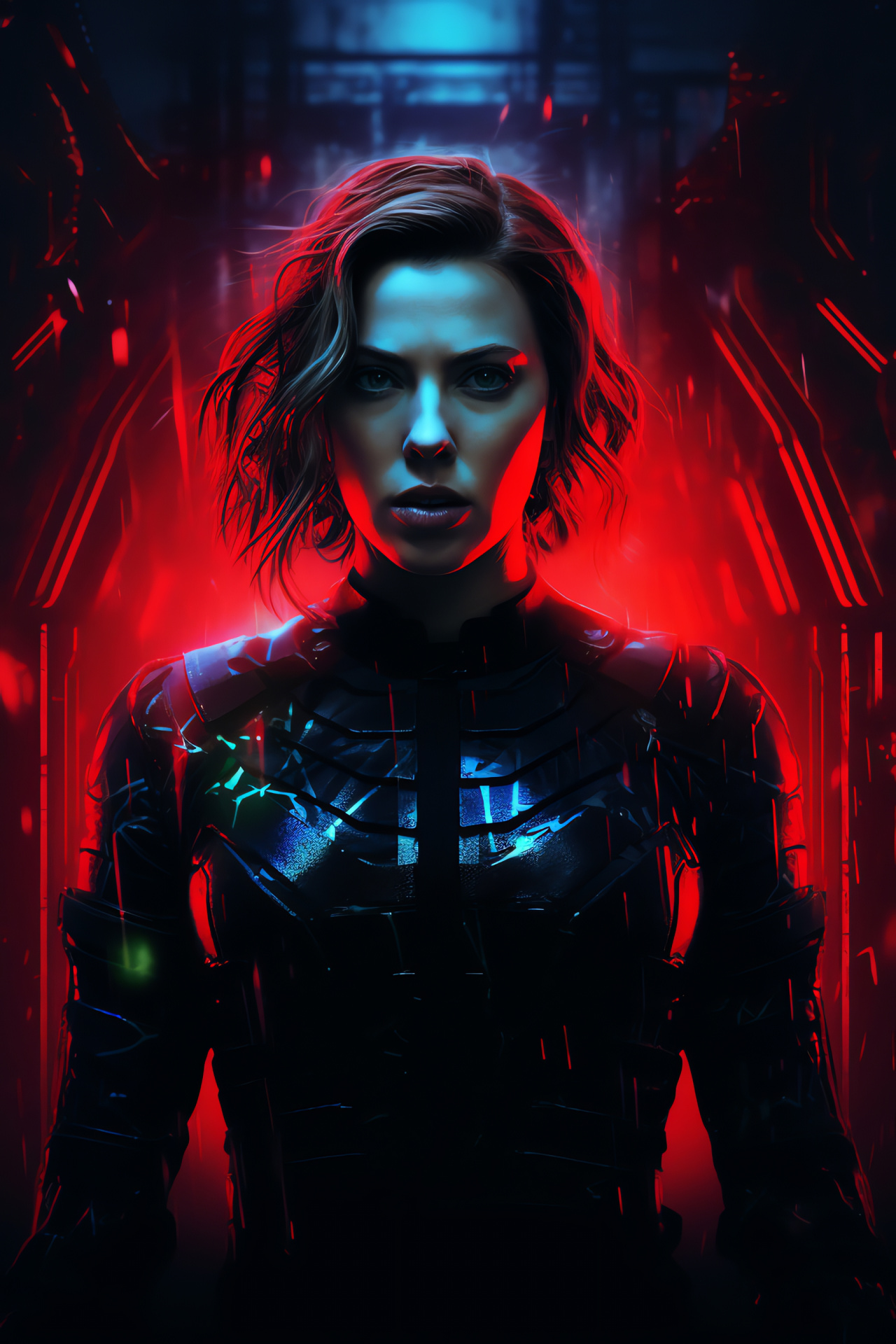 Black Widow superhero, Johansson action figure, Jade ocular detail, Luminous swirls, Heroic stance, HD Phone Wallpaper