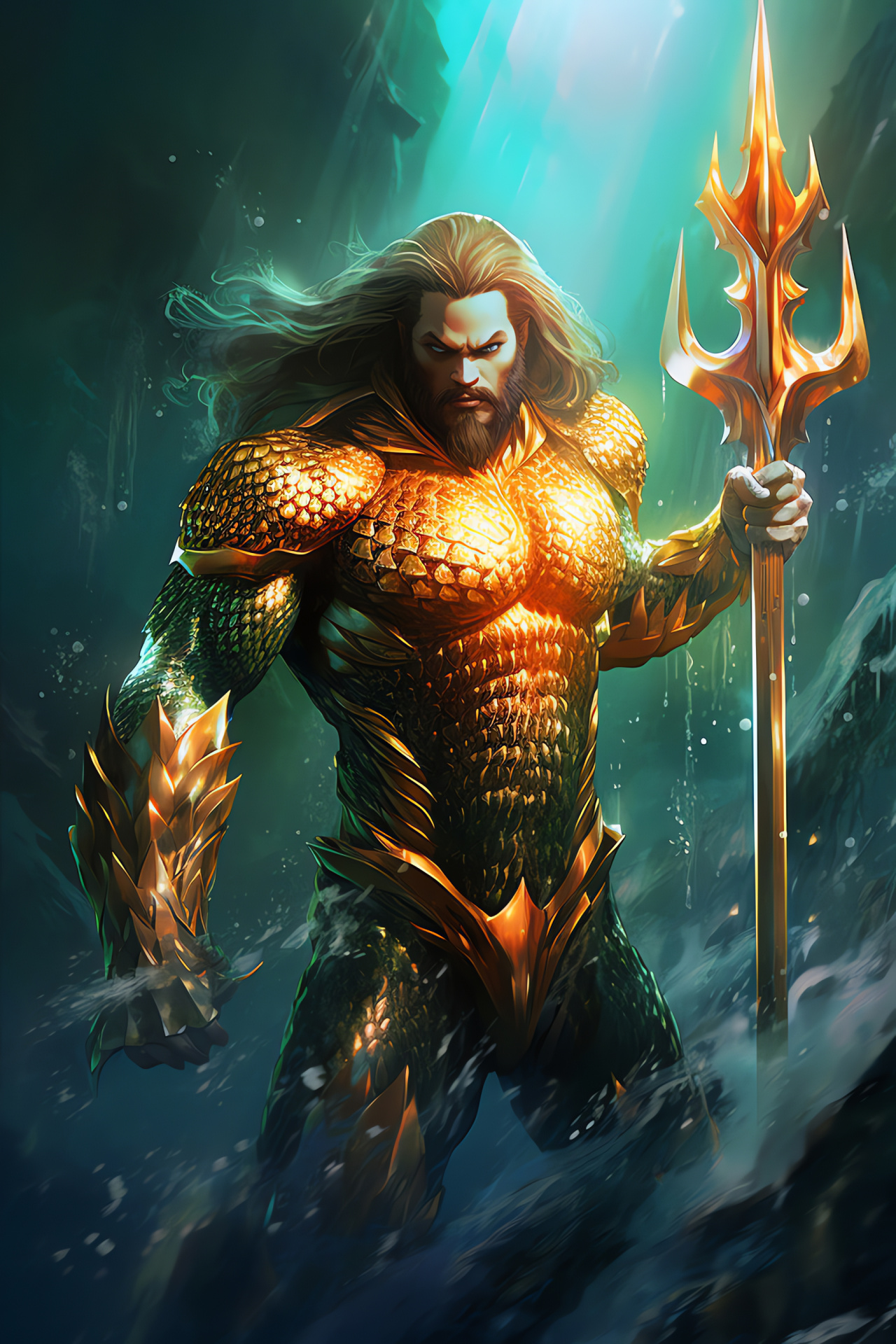 Aquaman strength, Heroic gaze, Oceanic trident, Comic hero, Swirling aqua force, HD Phone Image