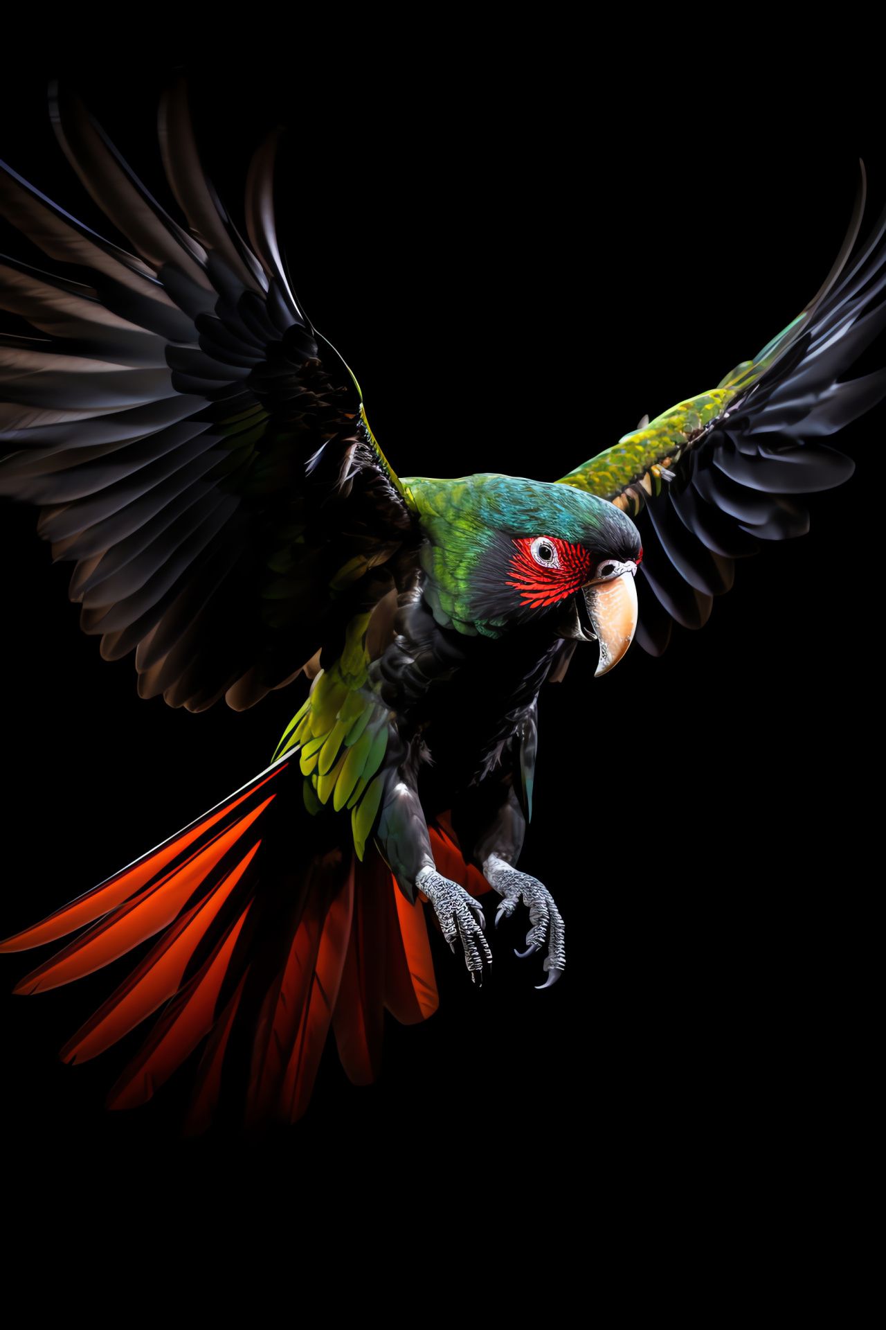 Parrot in flight, Avian radiant, Animal wingspan, Momentum swift, Backdrop obsidian, HD Phone Image