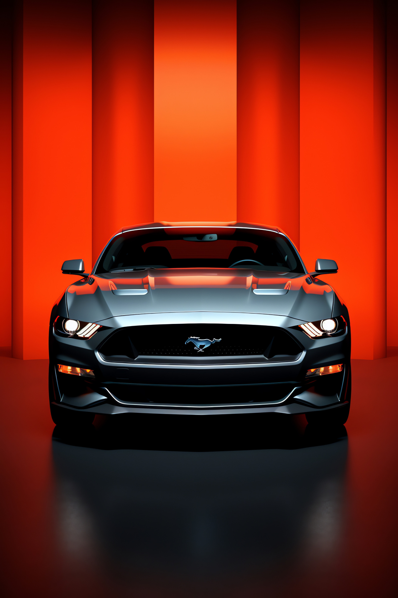 Mustang on display, Two-tone backdrop, Automotive sophistication, Timeless design, Color counterpoint, HD Phone Image