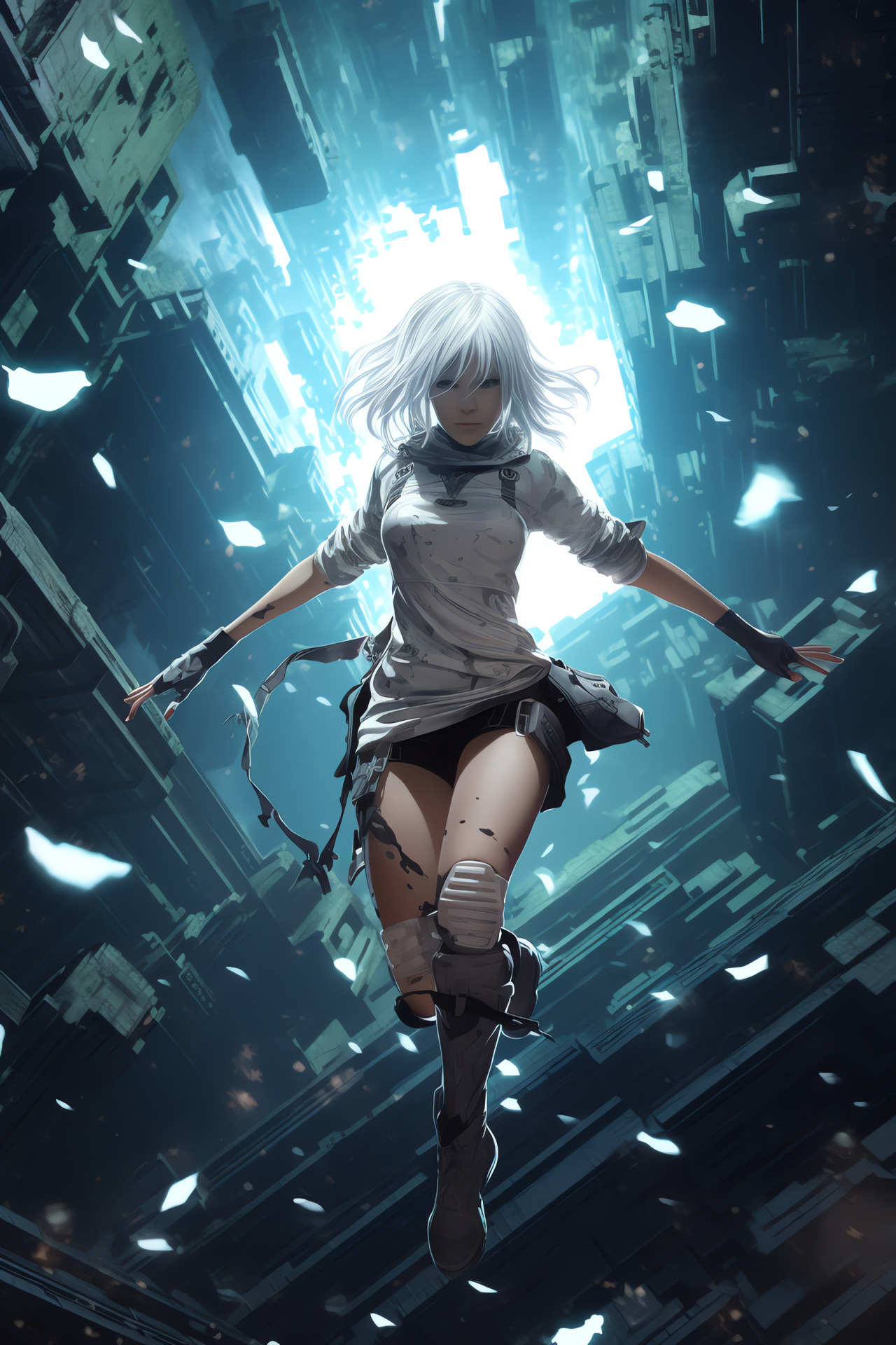 Confrontation in Nier Replicant, Warrior Kaine persona, Twin armaments, Battle intensity, Monochrome-haired character, HD Phone Wallpaper