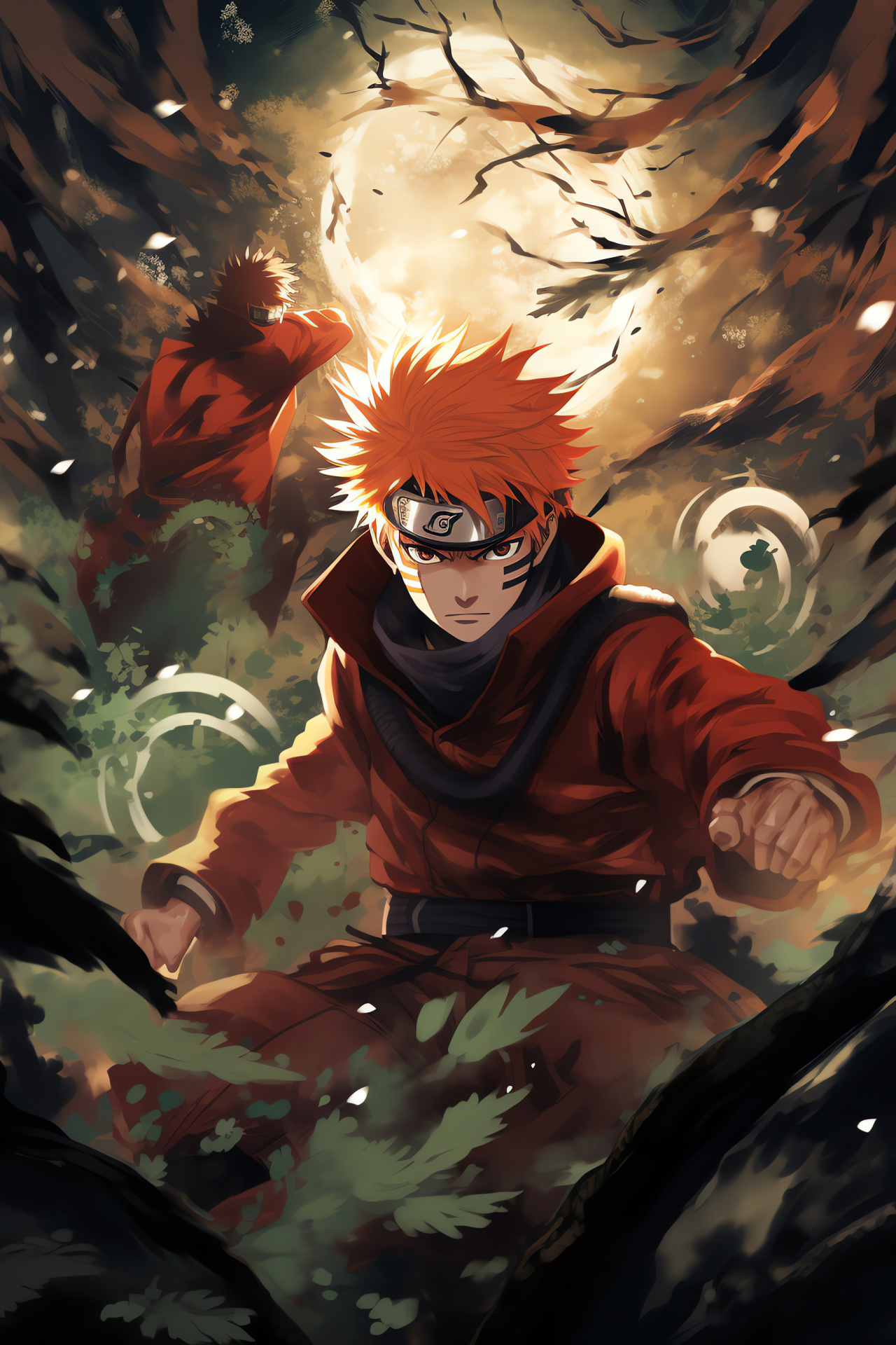 Forest duel, Ninja agility, Earth and Wind, Ninjutsu masters, Dynamic encounter, HD Phone Image