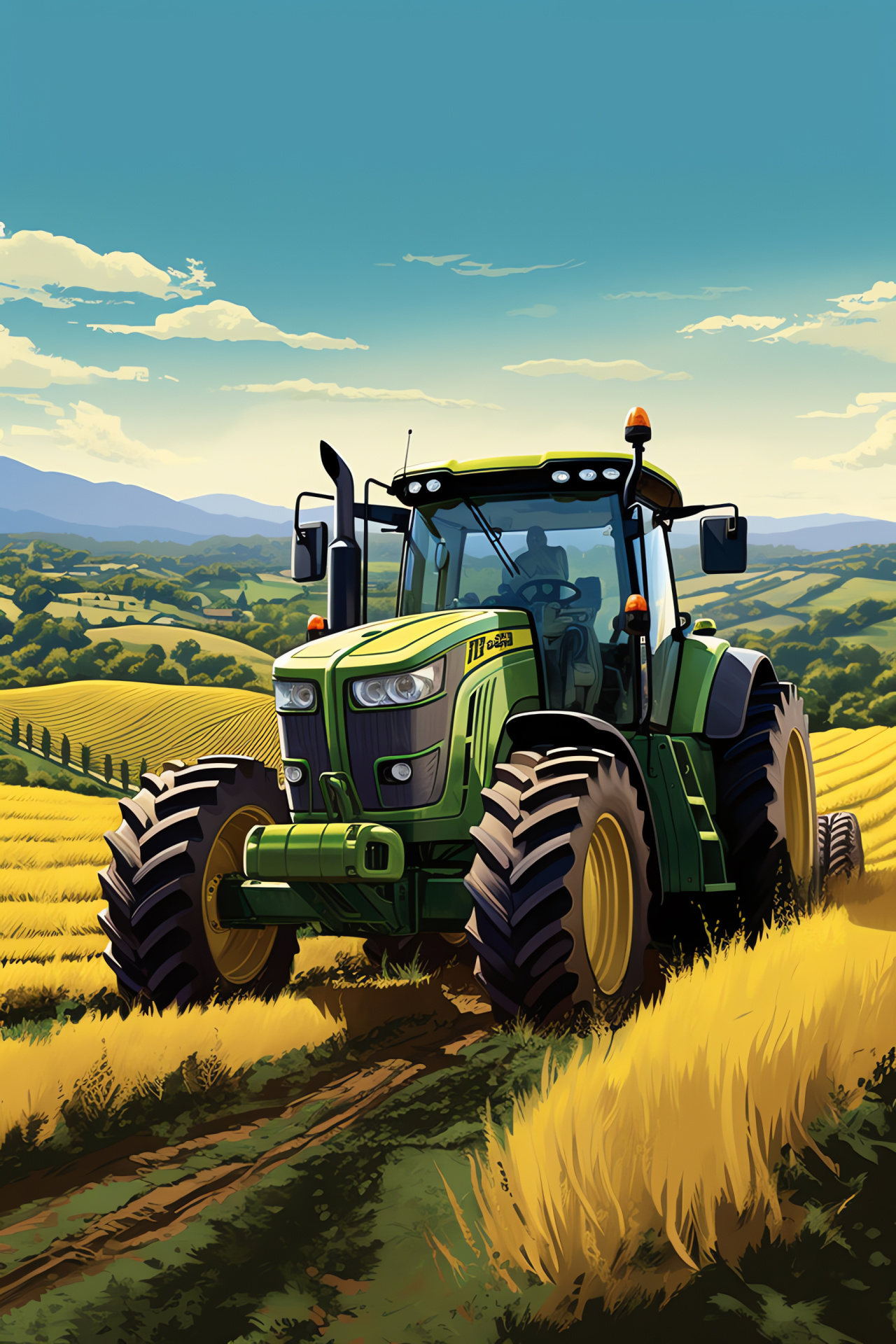 John Deere tractor, 6M series, Agricultural scene, Overhead perspective, Rolling landscape, HD Phone Wallpaper