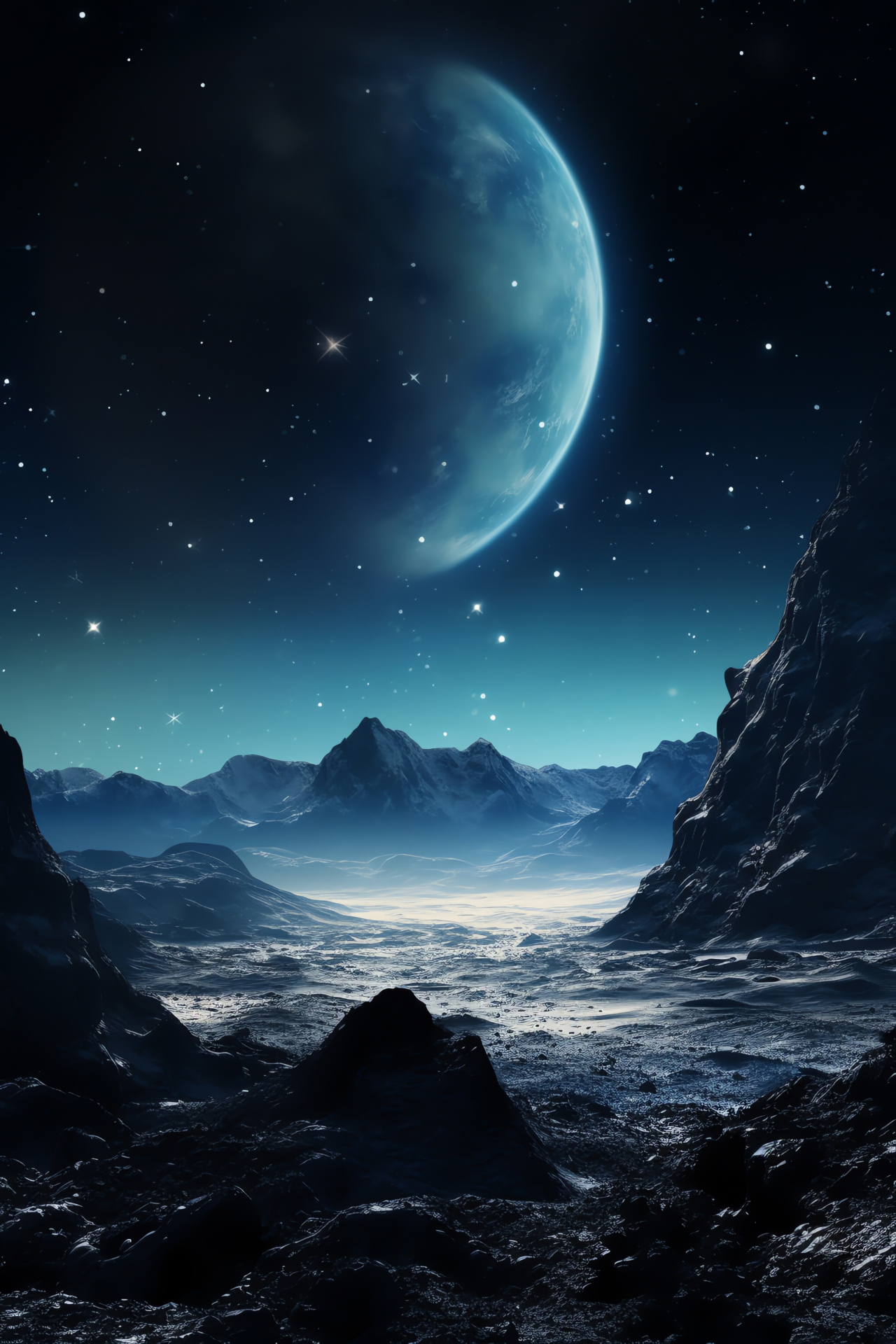 Distant moon, Extraordinary landscape, Space terrain, Peaks against sky, Lunar exploration, HD Phone Image