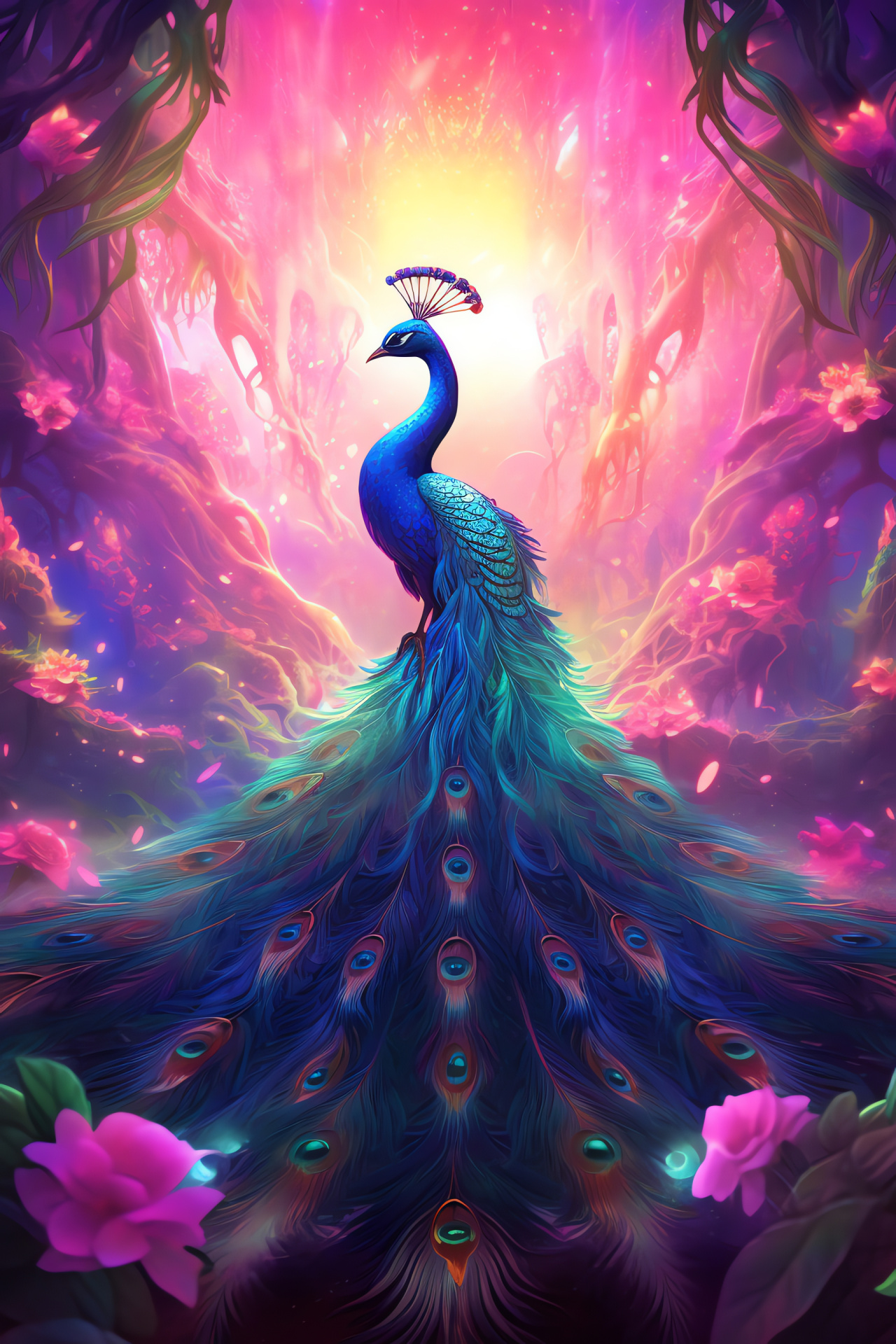 Peacock splendor, Fairy fantasy, iridescent plumes, enchanted forest scene, mythical vibes, HD Phone Image