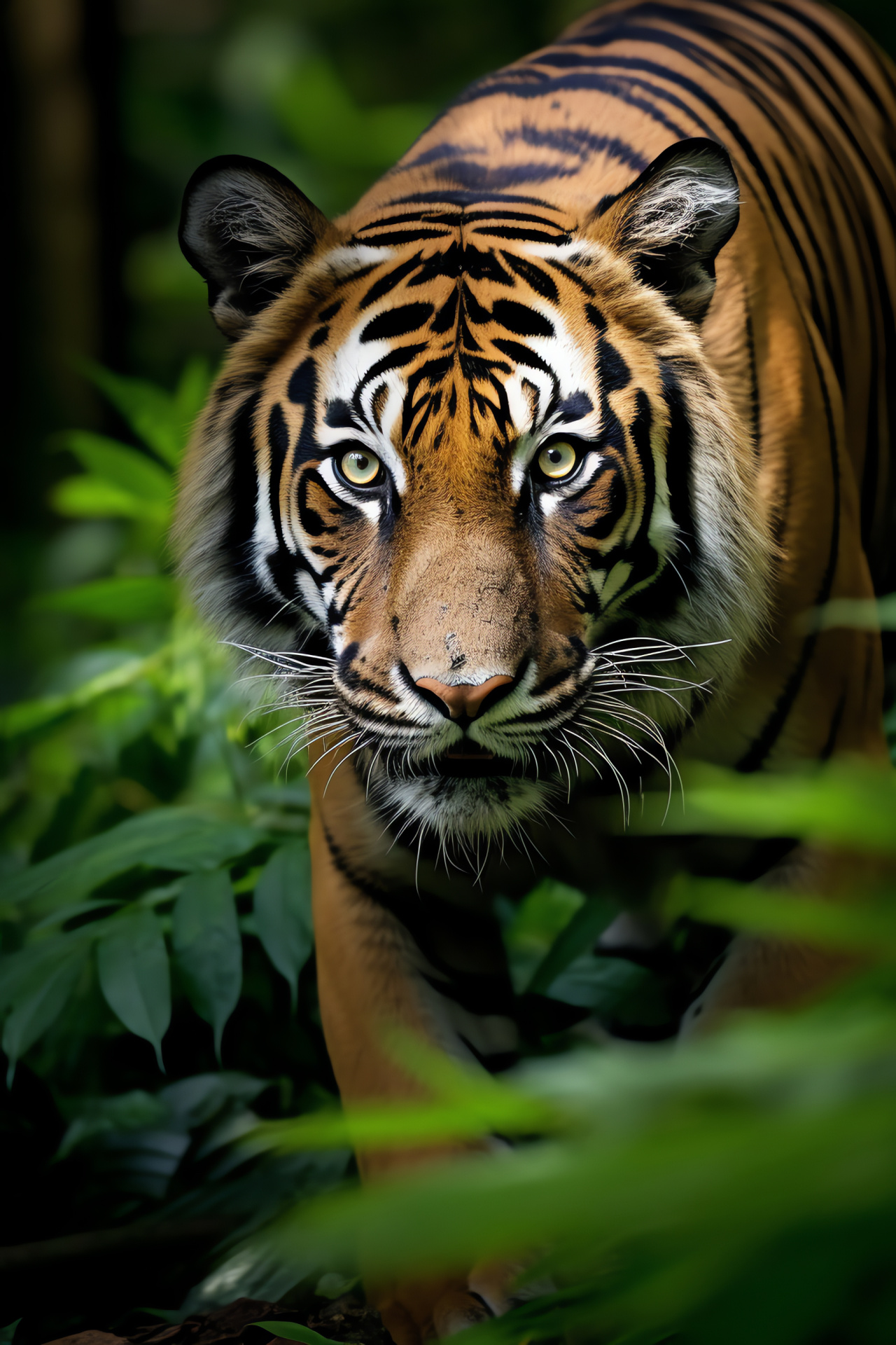 Bengal tiger in habitat, South American jungle, Thick forest undergrowth, Lush tropical setting, Rainforest canopy, HD Phone Wallpaper