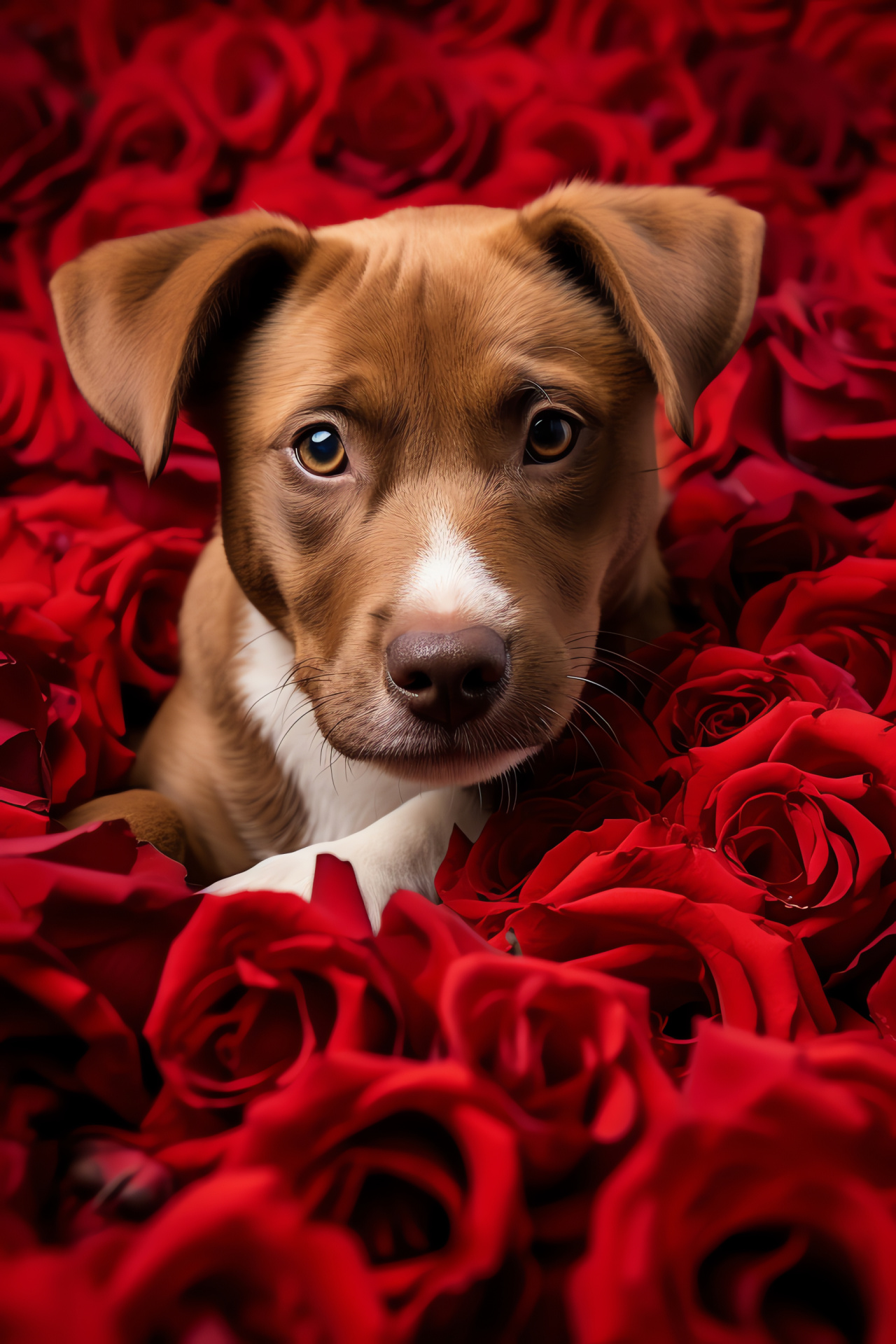 Cherished canine, Romance celebration, Velvety blossoms, Symphony of red, Neck adornment, HD Phone Image