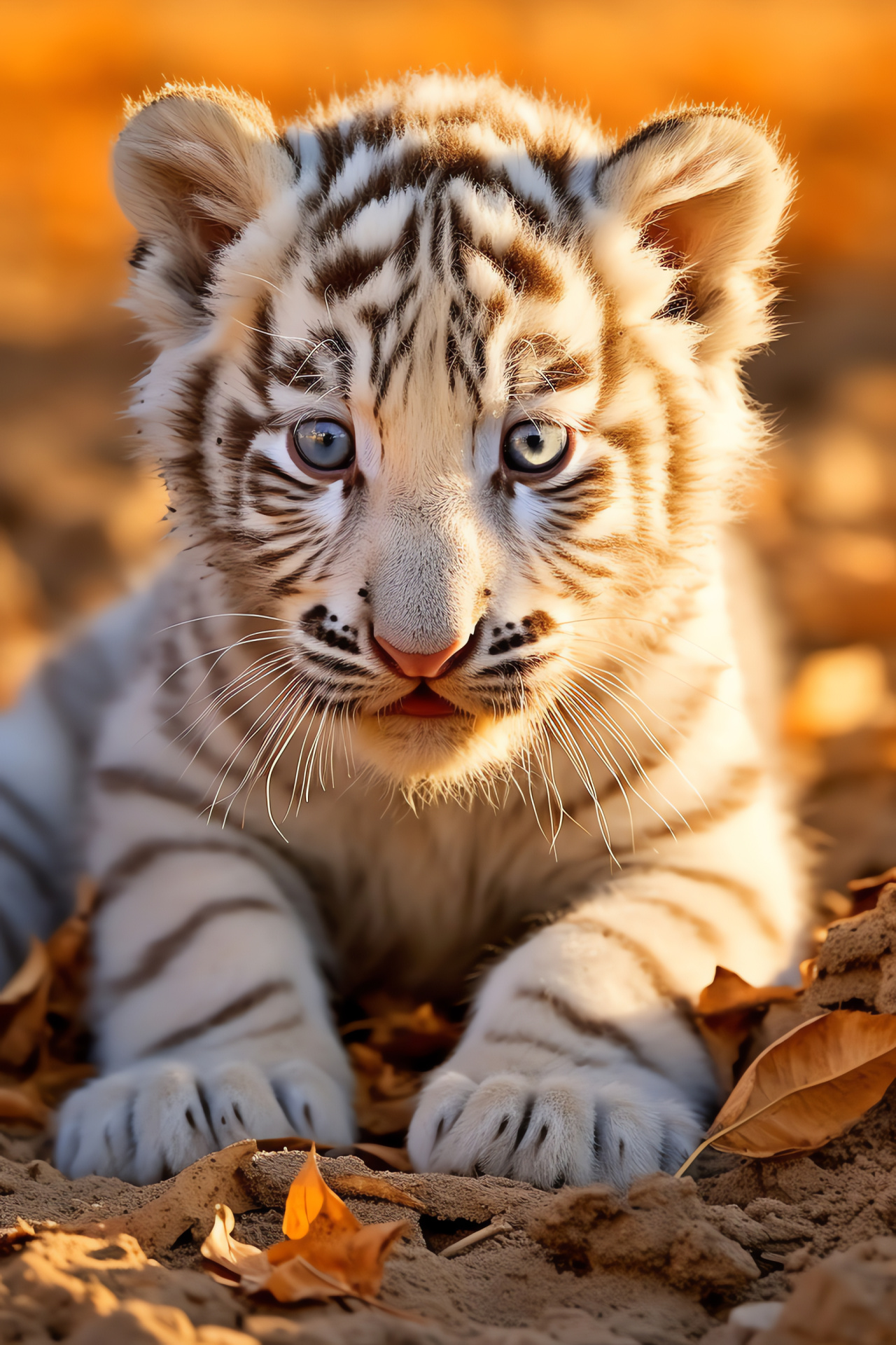 Frolicsome White Tiger Cub, Feline playtime, Beach-side habitat, Sandy terrain, Jubilant cub, HD Phone Image