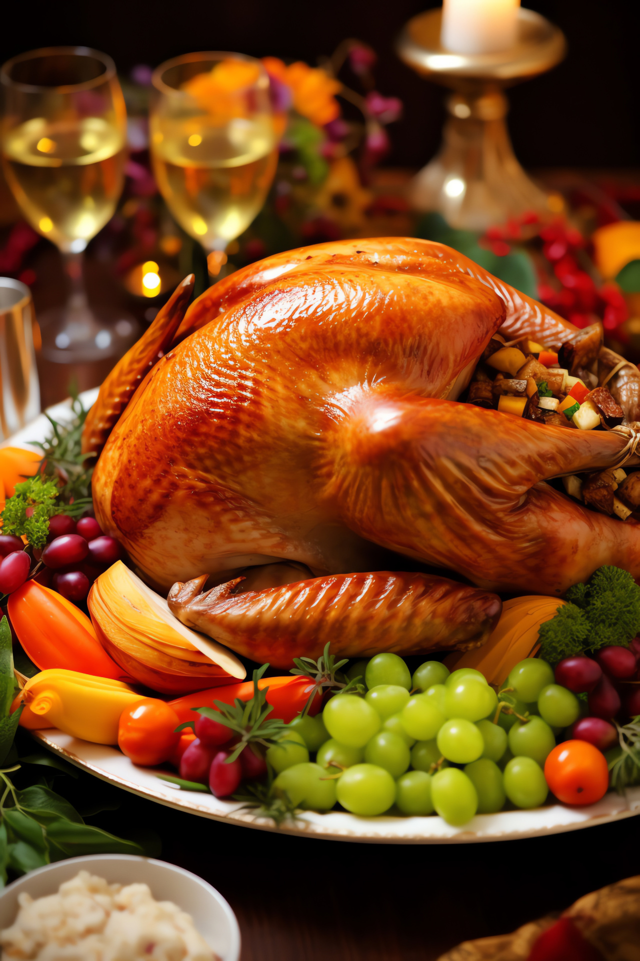 Roasted Thanksgiving turkey, holiday cuisine, crispy golden-brown skin, succulent meat, rustic autumn foliage, HD Phone Wallpaper