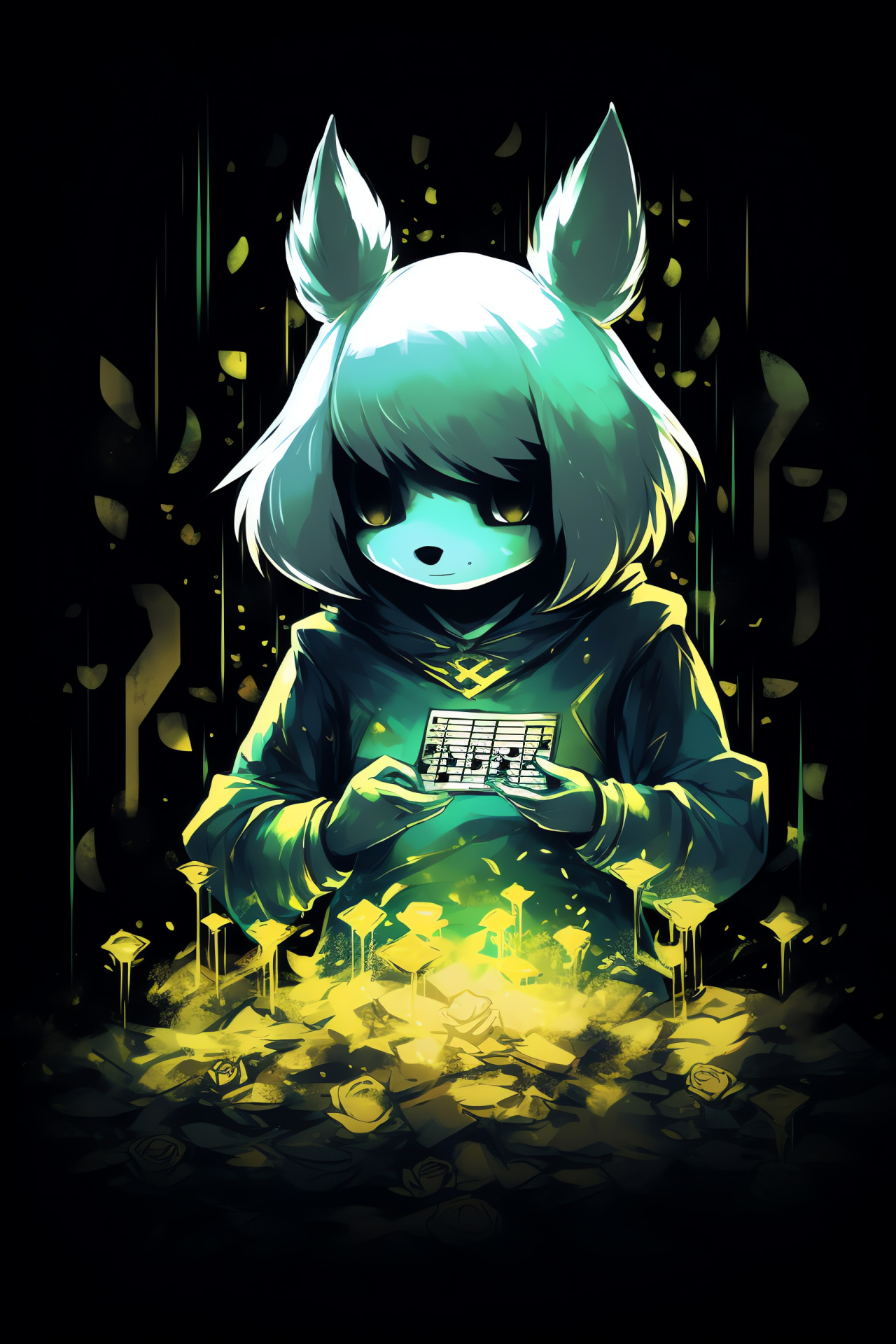 Undertale Asriel, Video game character, Azure-eyed protagonist, Musical theme artifact, Monochrome background, HD Phone Image