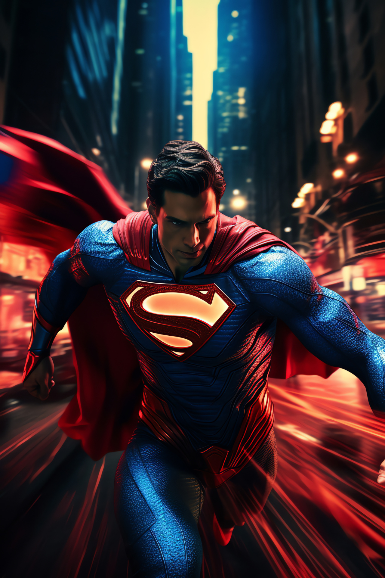 Superman in action, Fast-paced scene, City chaos, Path of havoc, Signature hero suit, HD Phone Wallpaper