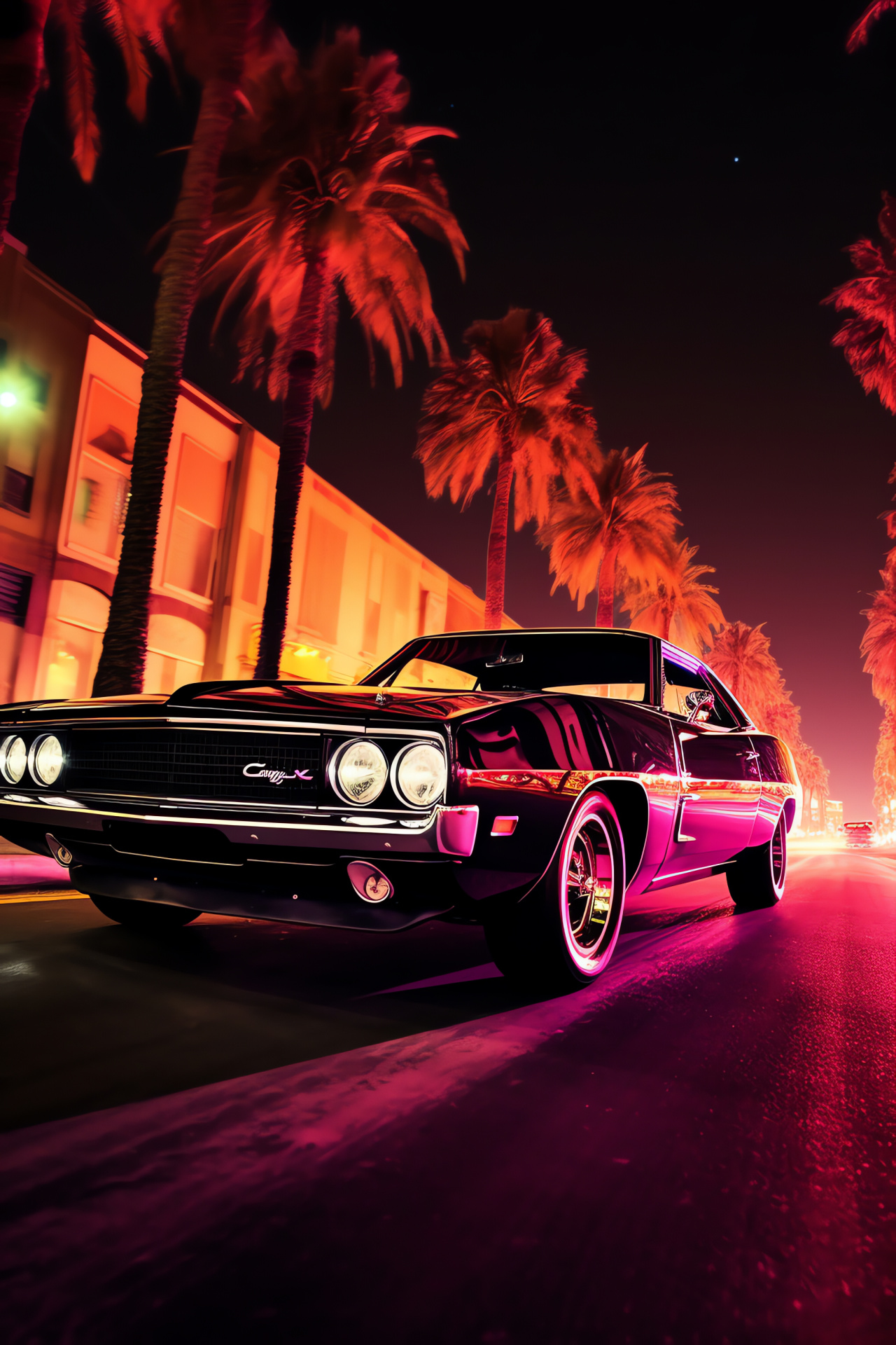 Dodge Charger classic, American car icon, LA Sunset Boulevard, Evening city glamor, Street neon ambiance, HD Phone Image