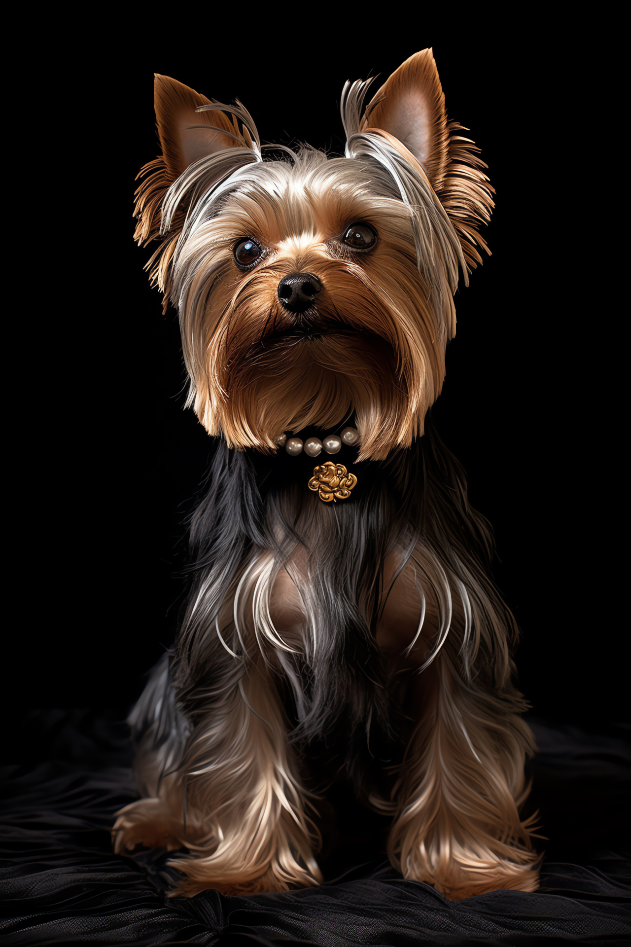 Decorated Yorkie, Affectionate brown peepers, Panoramic view, Elegant canine pattern, Silver-back fur mantle, HD Phone Image