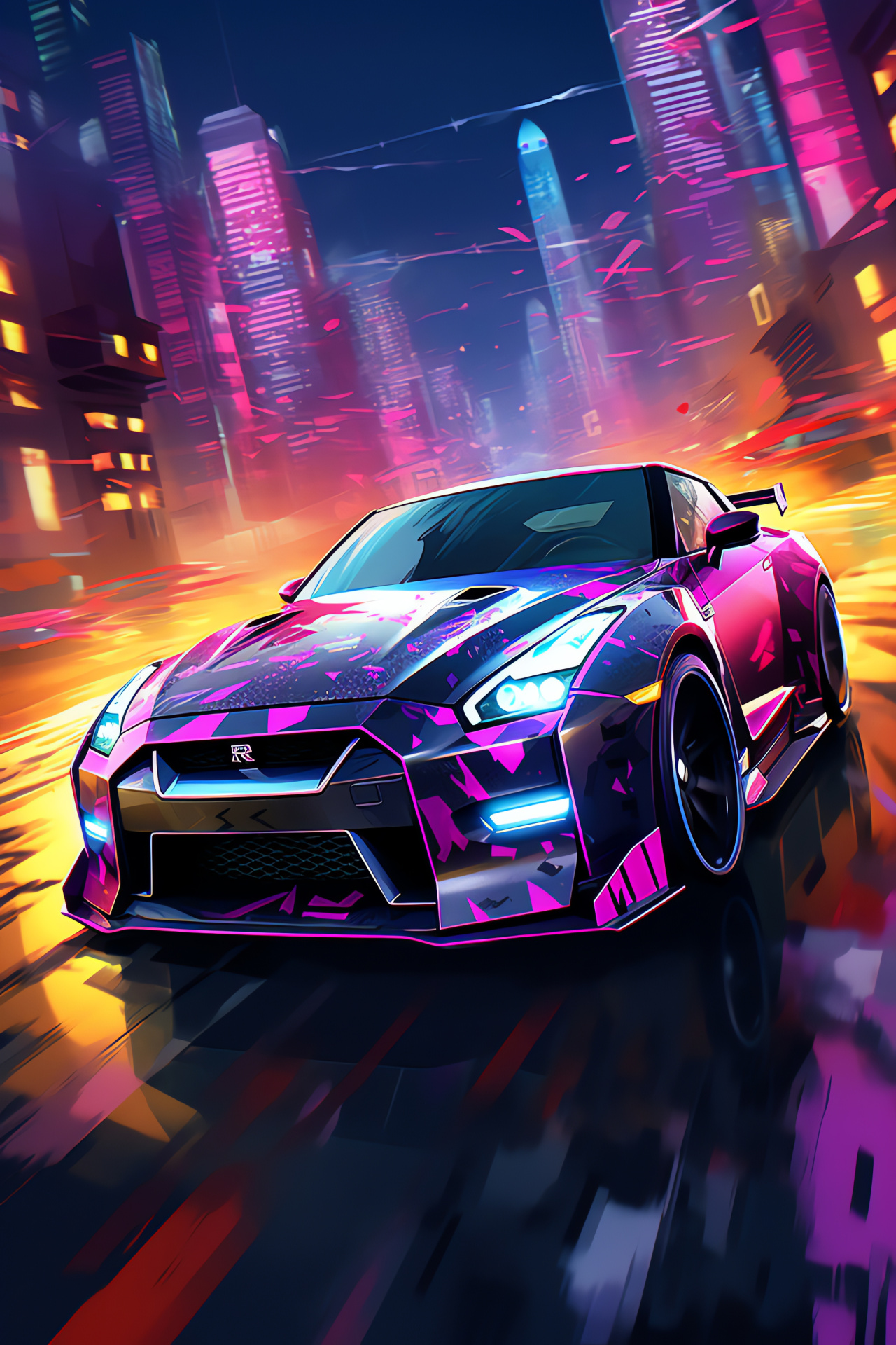 Nissan GTR Liberty Walk, Low angle perspective, Sci-fi urban setting, Cyberpunk ambiance, Neon cityscape, HD Phone Image