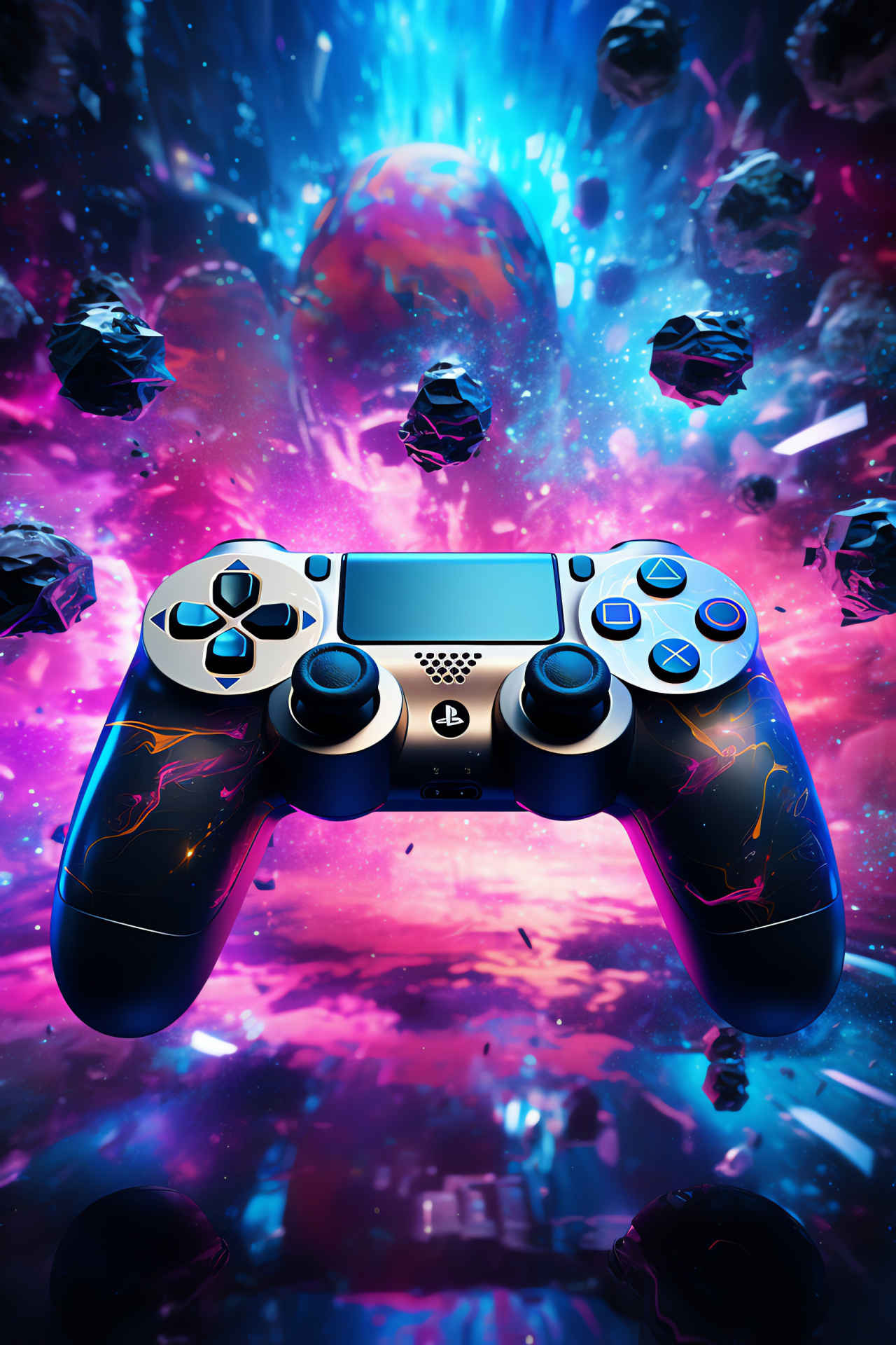 Space-themed gaming gear, Weightless game device, Starry gaming backdrop, Fluorescent Playstation illumination, Galactic player's accessory, HD Phone Wallpaper