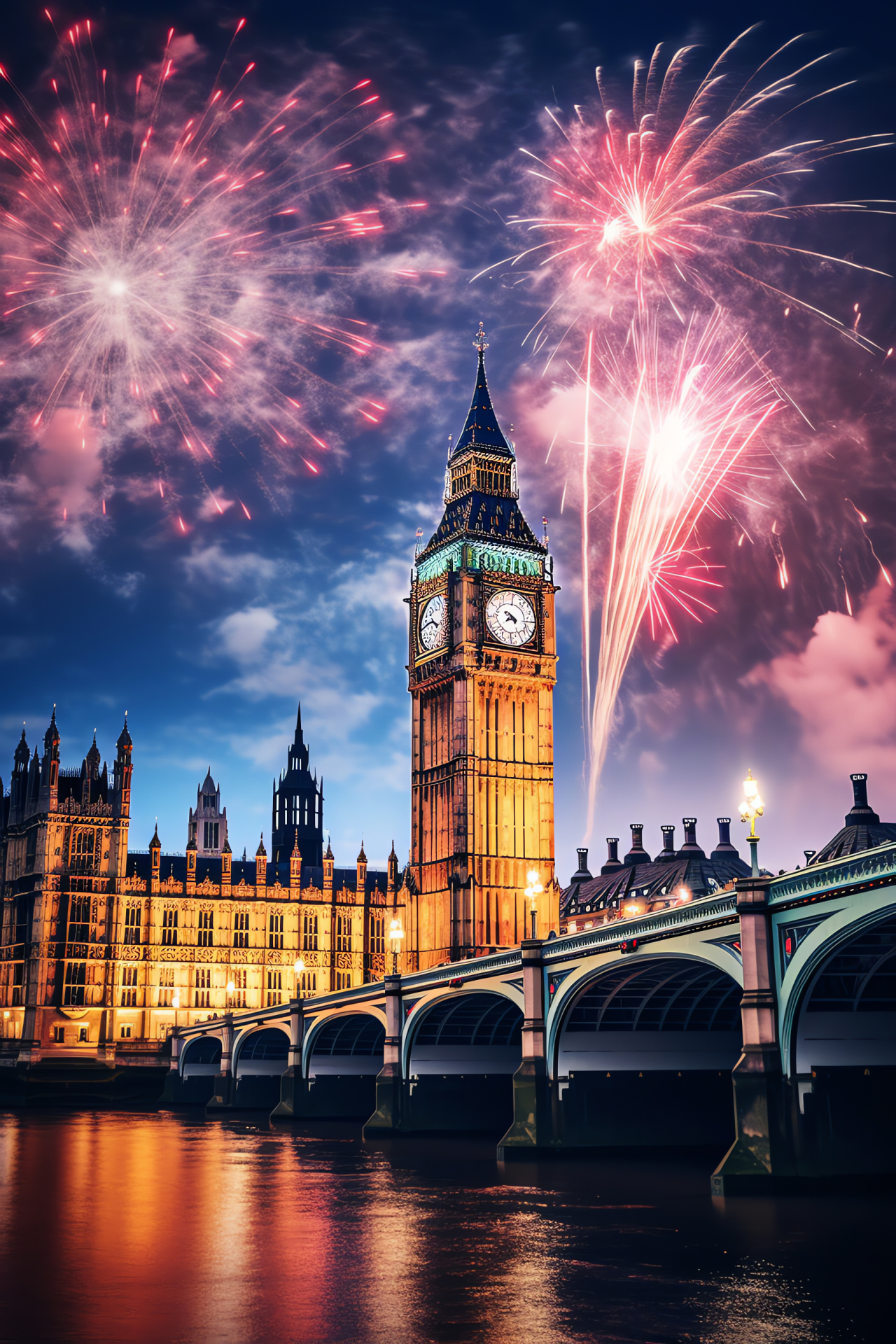 New Year Celebrations, London, Big Ben, River Thames, Seasonal fireworks, HD Phone Image