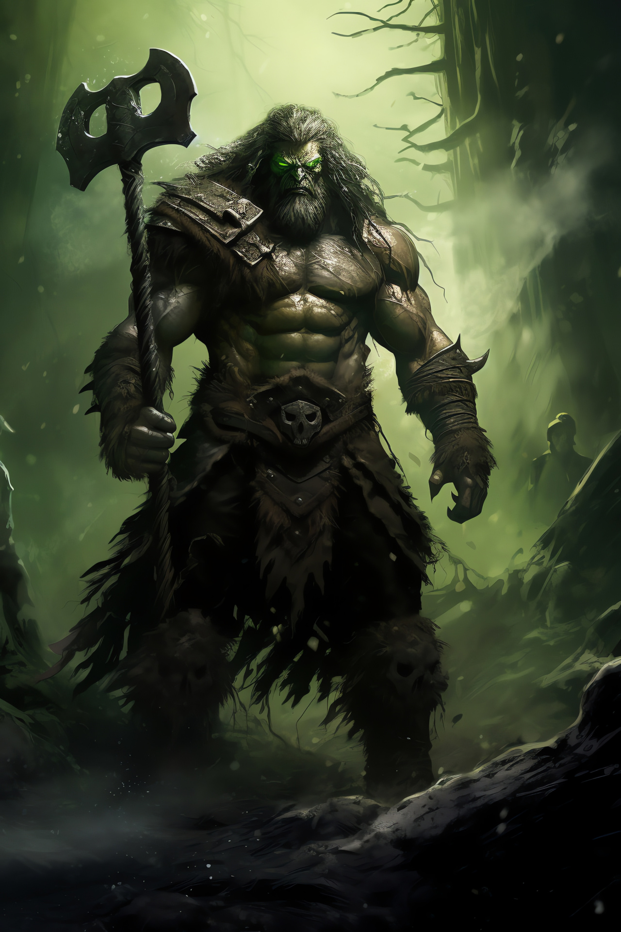 MTG Garruk Wildspeaker strength, Hunter planeswalker, Axe-wielding figure, Green mana user, Card game warrior, HD Phone Wallpaper