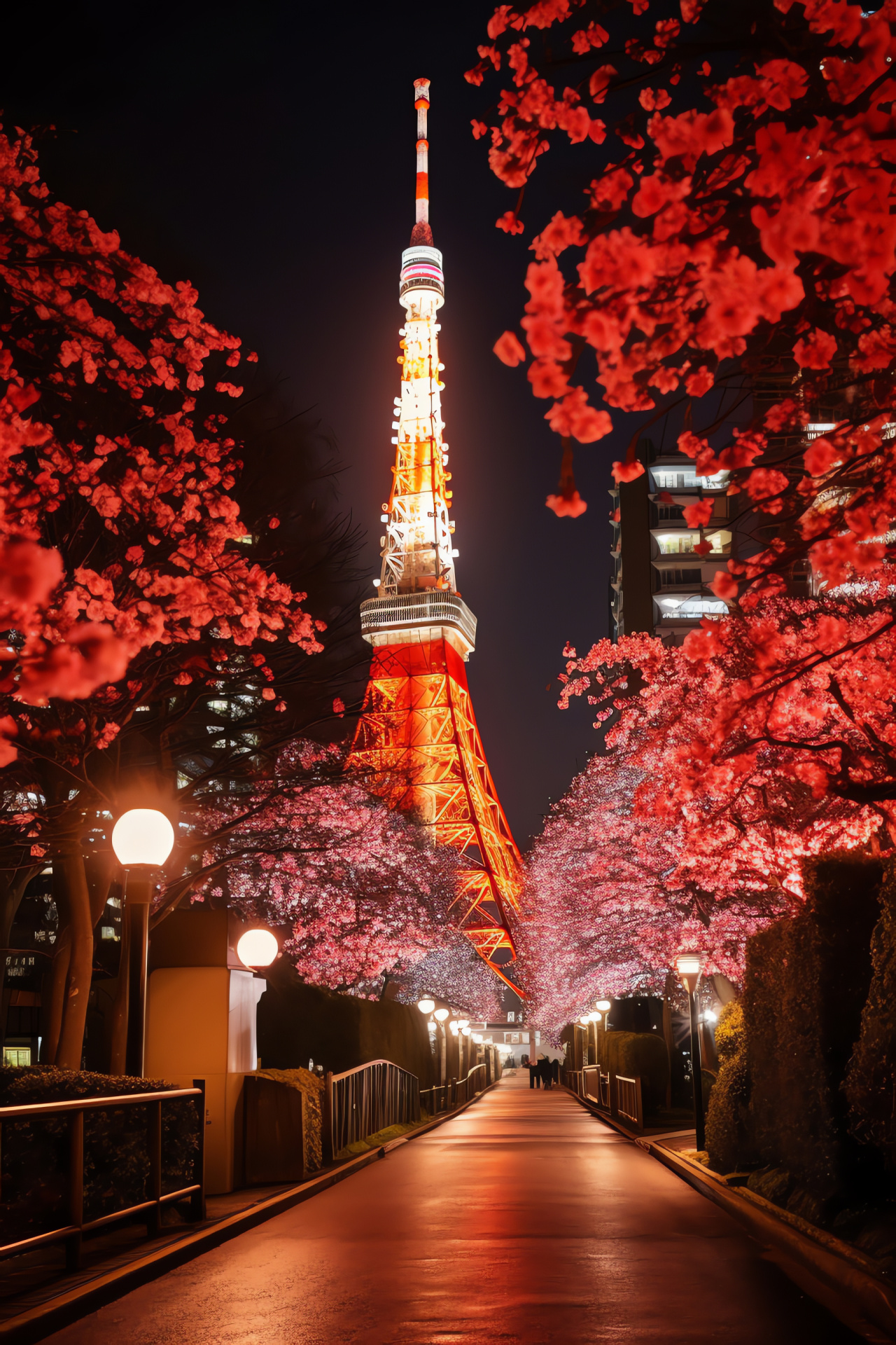 Festive Tokyo, Tokyo Tower, Shop decorations, Sakura blossoms, Holiday celebration, HD Phone Wallpaper