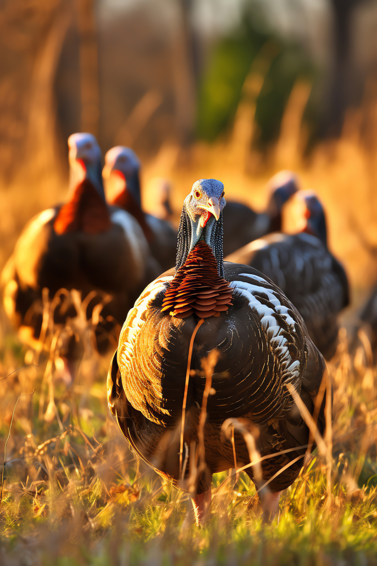 Native game birds, Turkey females, Wild meadow habitat, Poultry in sunlight, Subtle avian colors, HD Phone Wallpaper