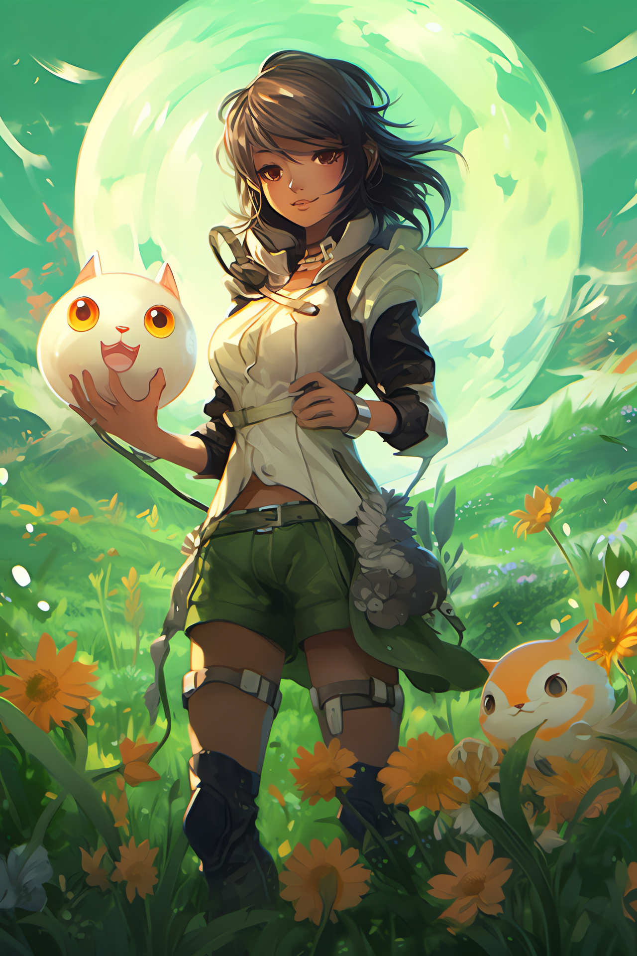 Pokemon May, gaming protagonist, pastoral landscape, floral abundance, Pikachu companion, HD Phone Image