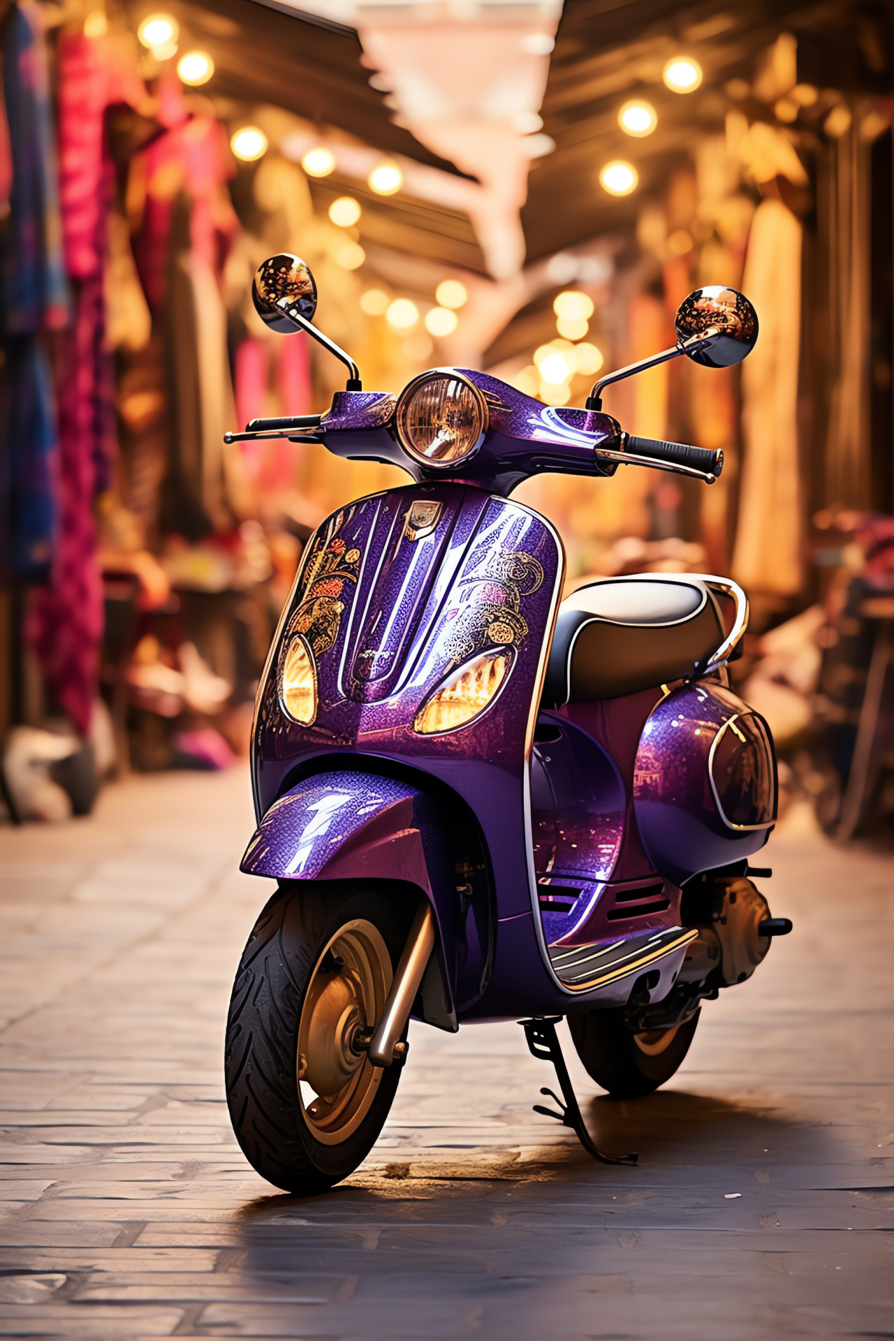 Vespa in Marrakech ambience, Purple and gold Vespa, Moroccan attireDjellaba and Fez, Vibrant marketplace, Cultural mosaics, HD Phone Image