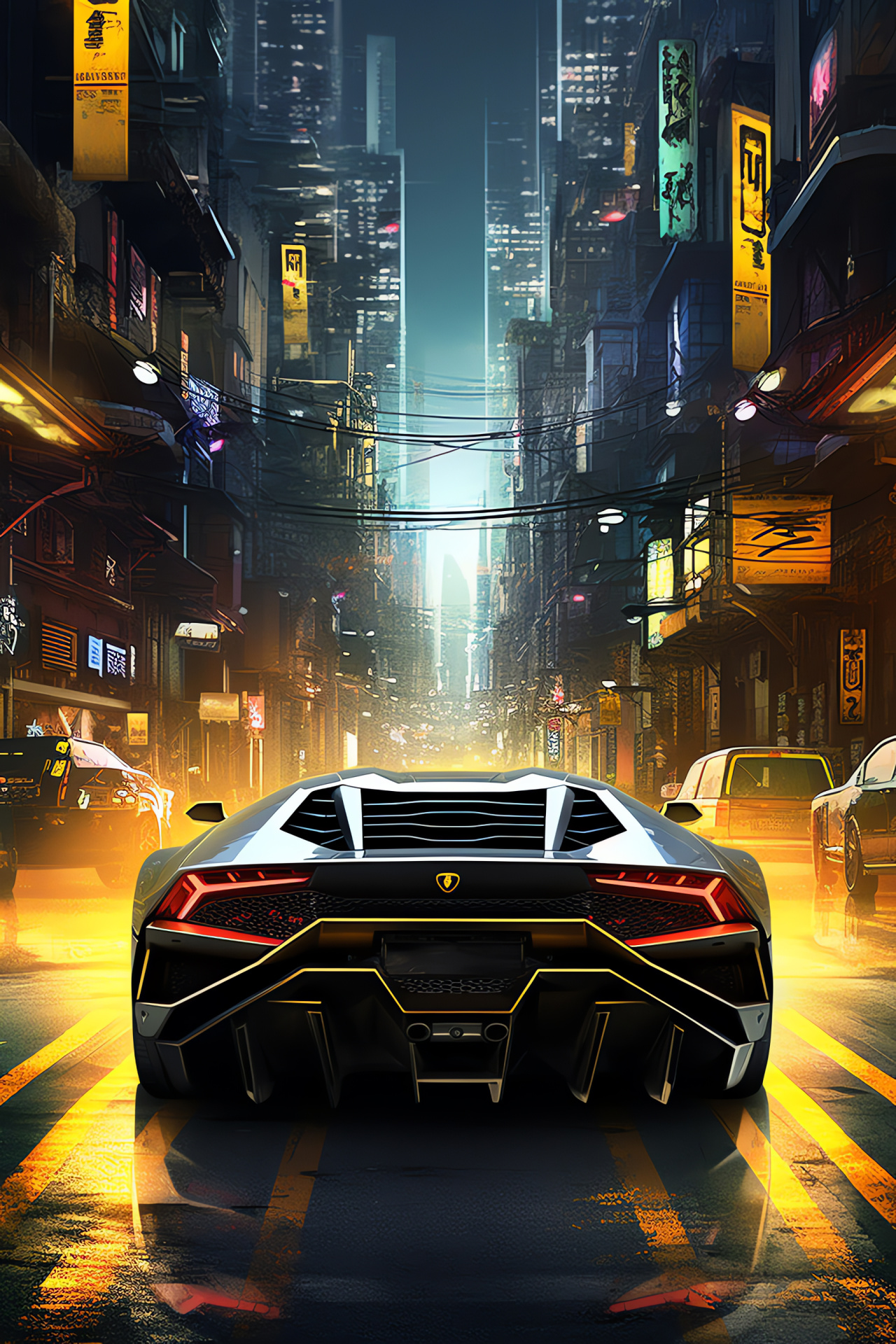 Lamborghini Huracan Evo RWD, Cyberpunk atmosphere, Urban streets photography, Sleek black and yellow design, Neon cityscape, HD Phone Image