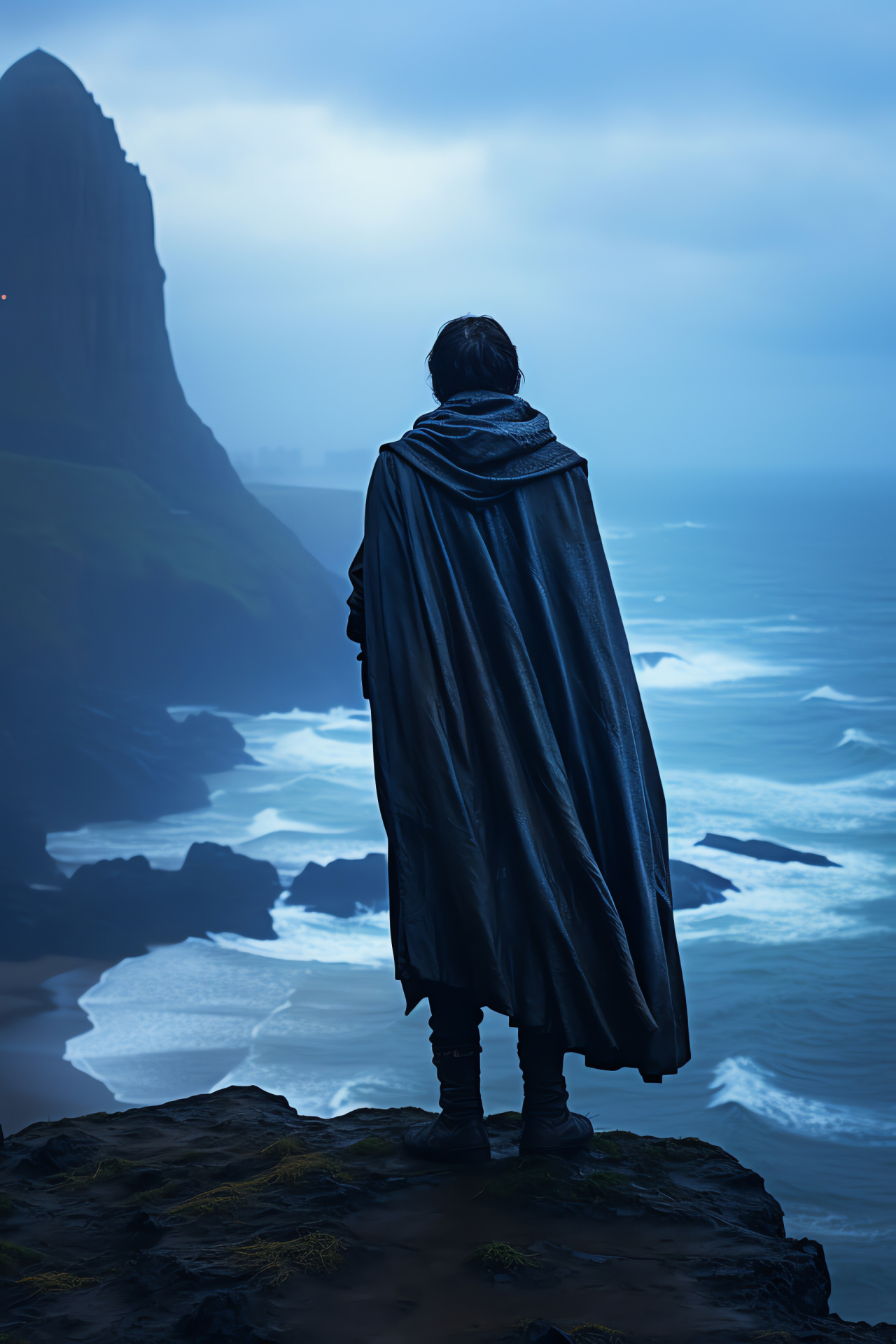 Rogue One's Galen Erso, Cliffside reflection, Vast ocean backdrop, Cinematic moment, Character deliberation, HD Phone Wallpaper