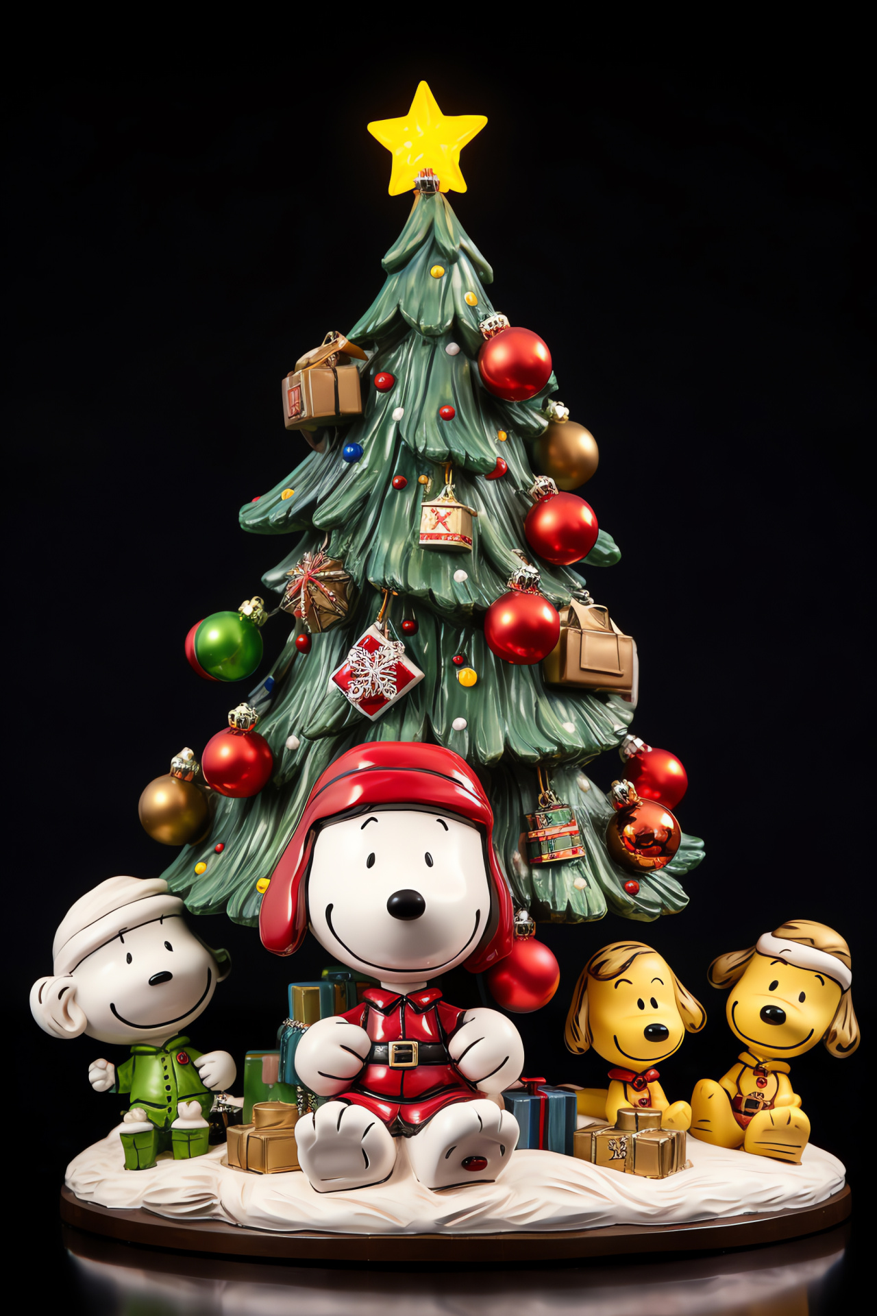 Snoopy festive ornamentation, holiday fir, twinkling lights, various trinkets, shining pinnacle, HD Phone Image